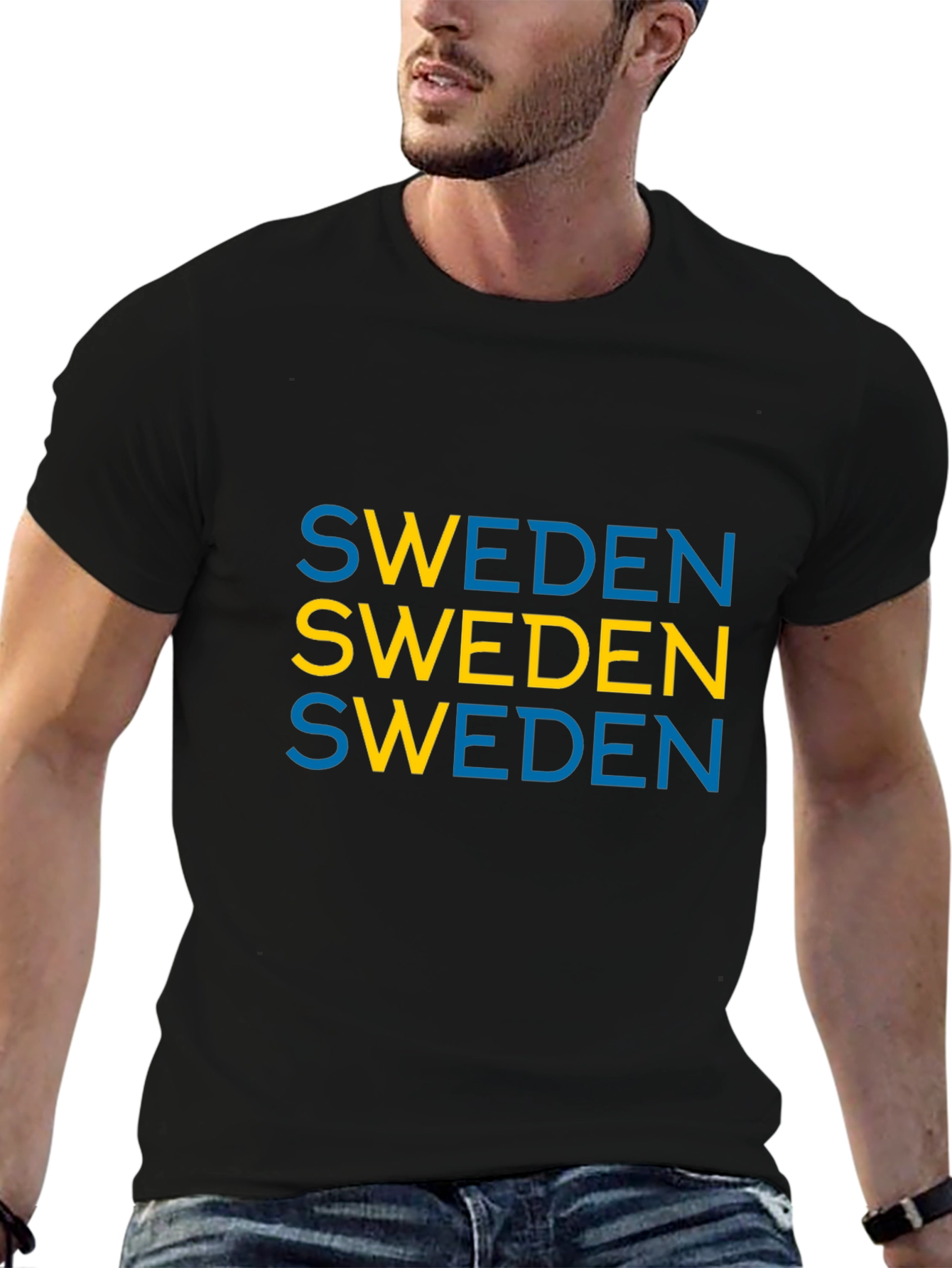 Sweden Flag Colors Graphic Tee - Black Cotton T-Shirt