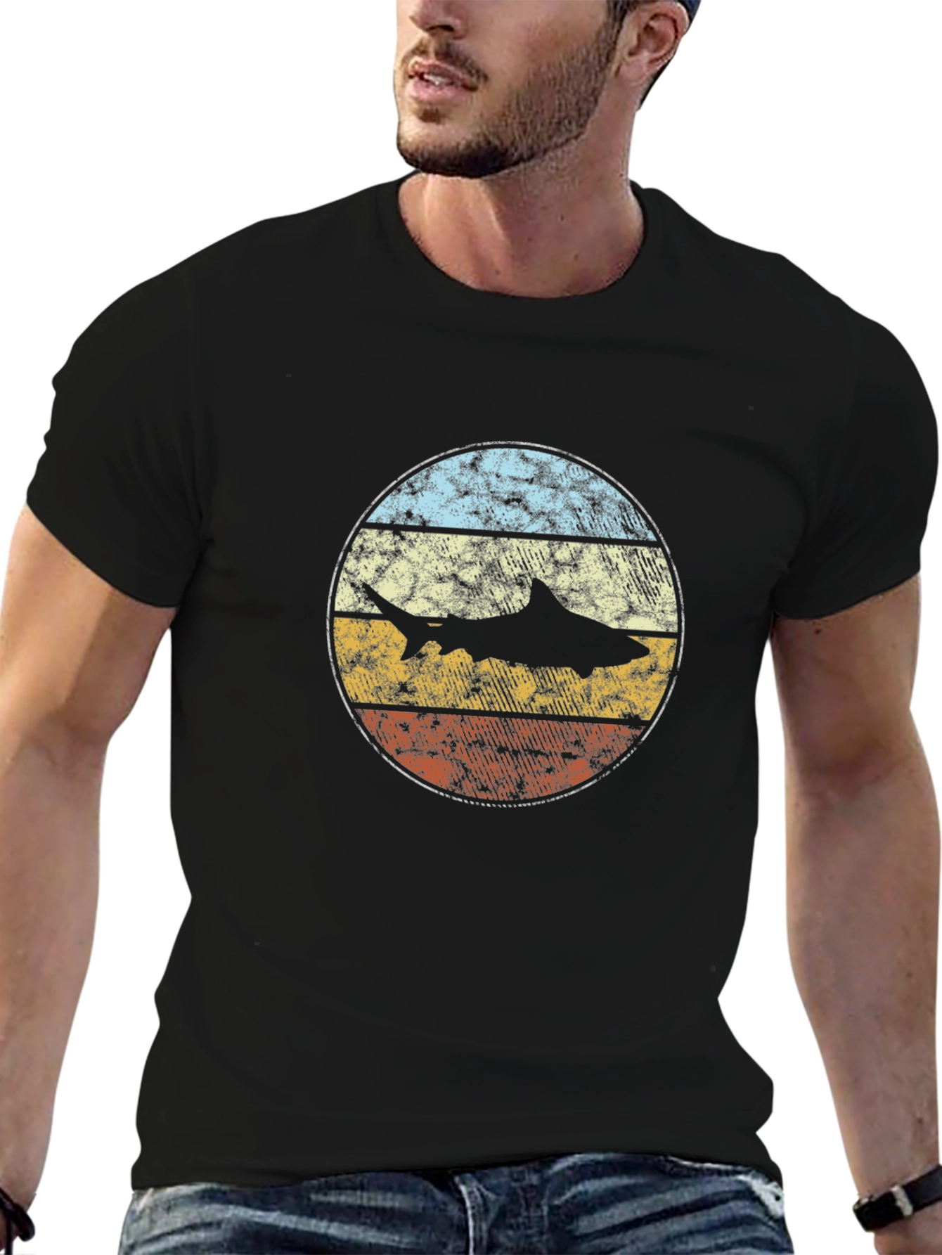 Retro Shark Graphic Tee - Vintage Style Black T-Shirt