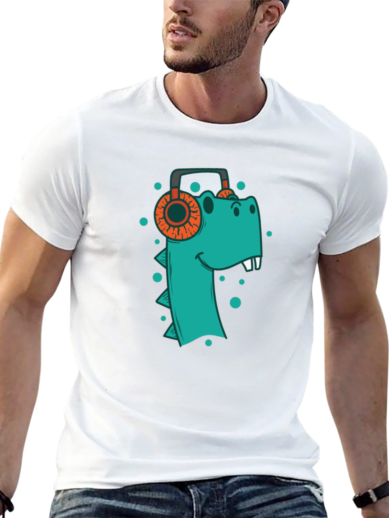 Dino Beats Tee: Cool T-Shirt with Dinosaur & Headphones Design