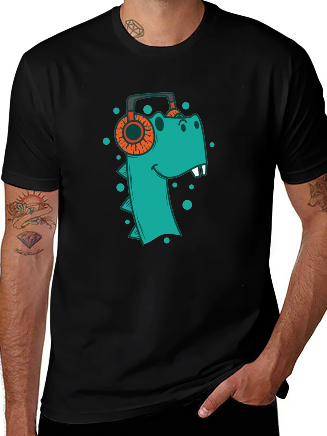 Dino Beats Tee: Cool T-Shirt with Dinosaur & Headphones Design