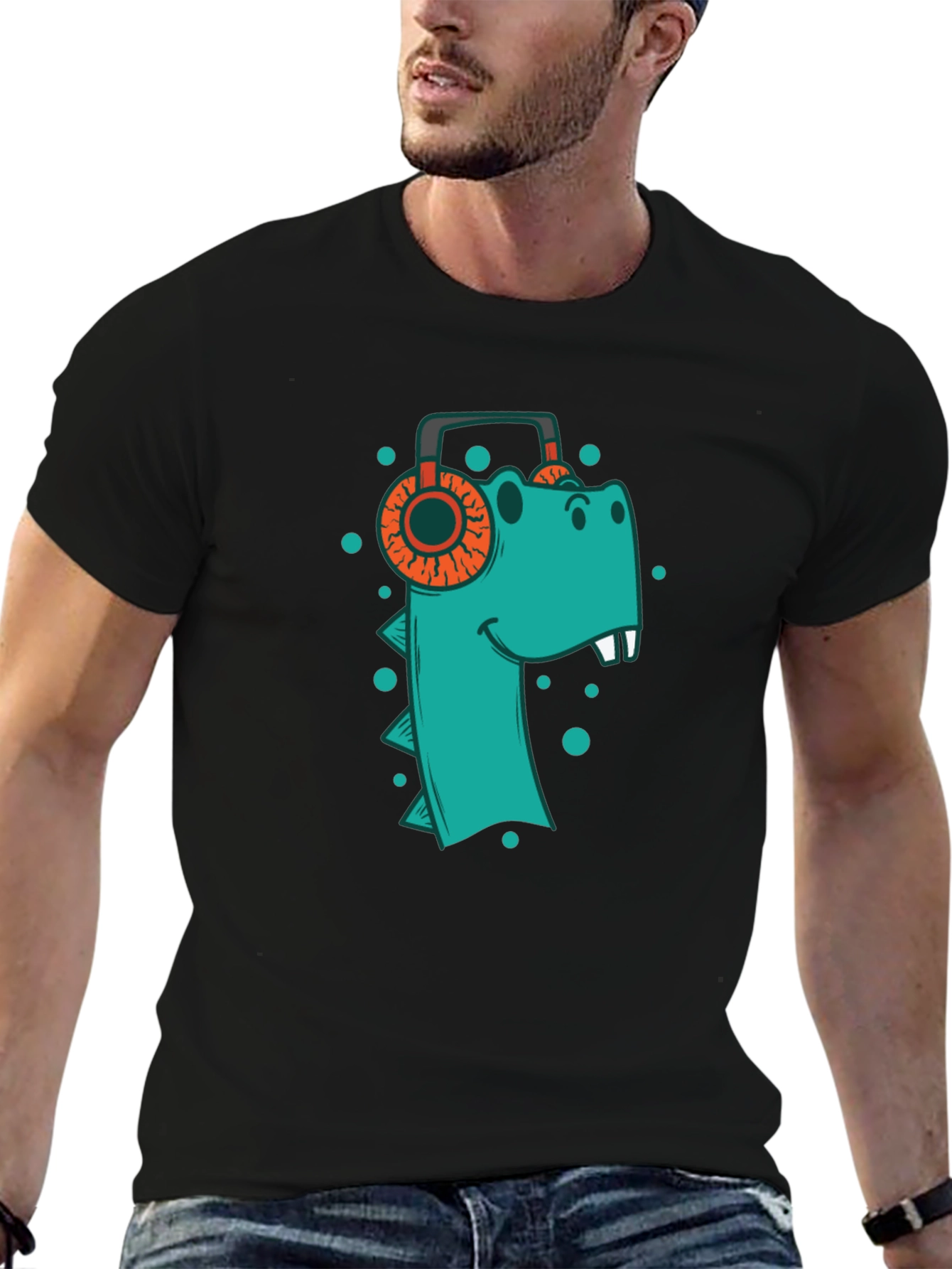 Dino Beats Tee: Cool T-Shirt with Dinosaur & Headphones Design