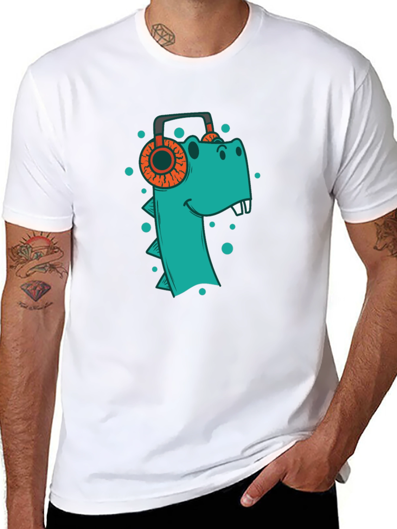 Dino Beats Tee: Cool T-Shirt with Dinosaur & Headphones Design