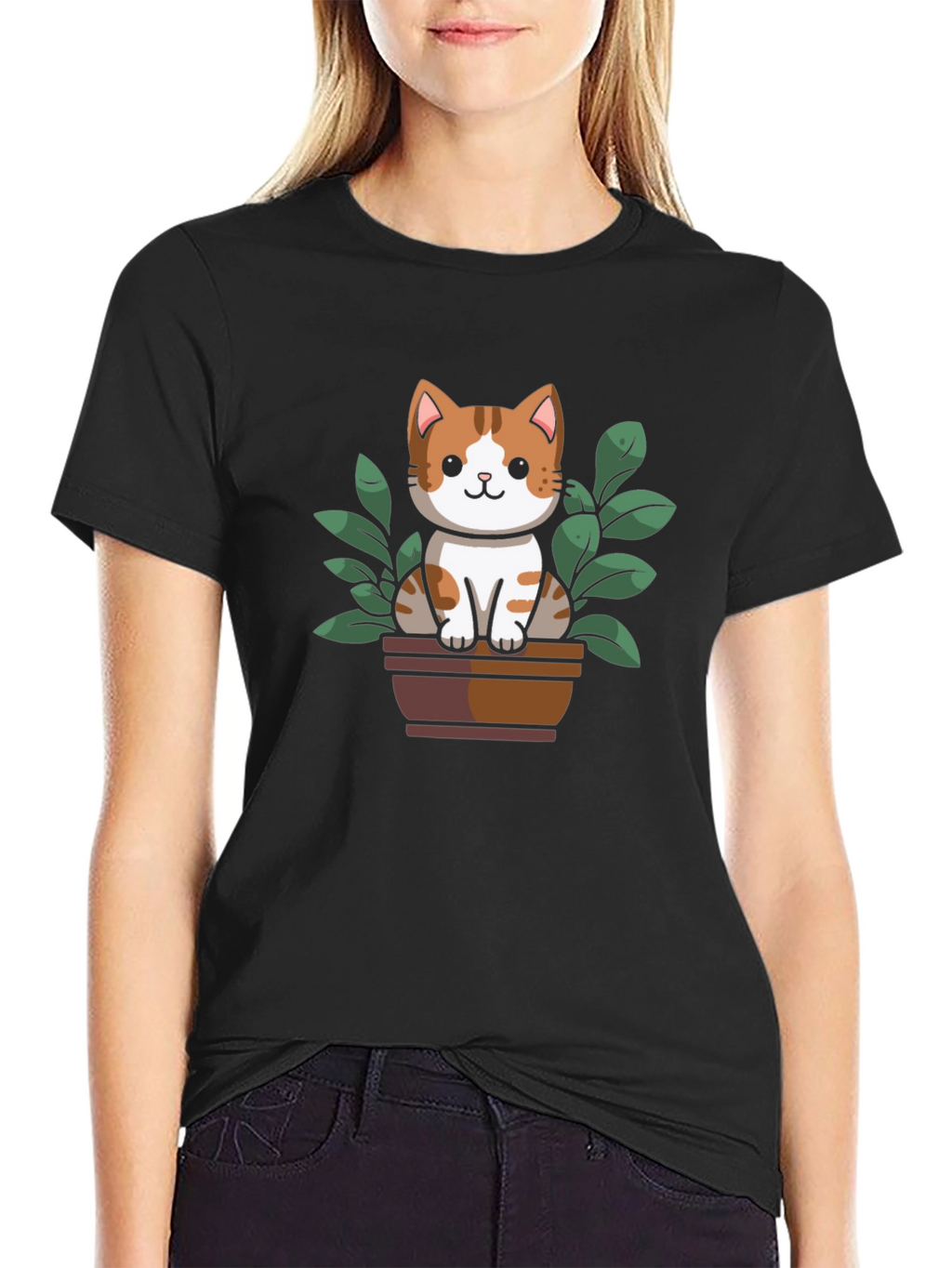 Cute Cat Plant Pot Graphic Tee