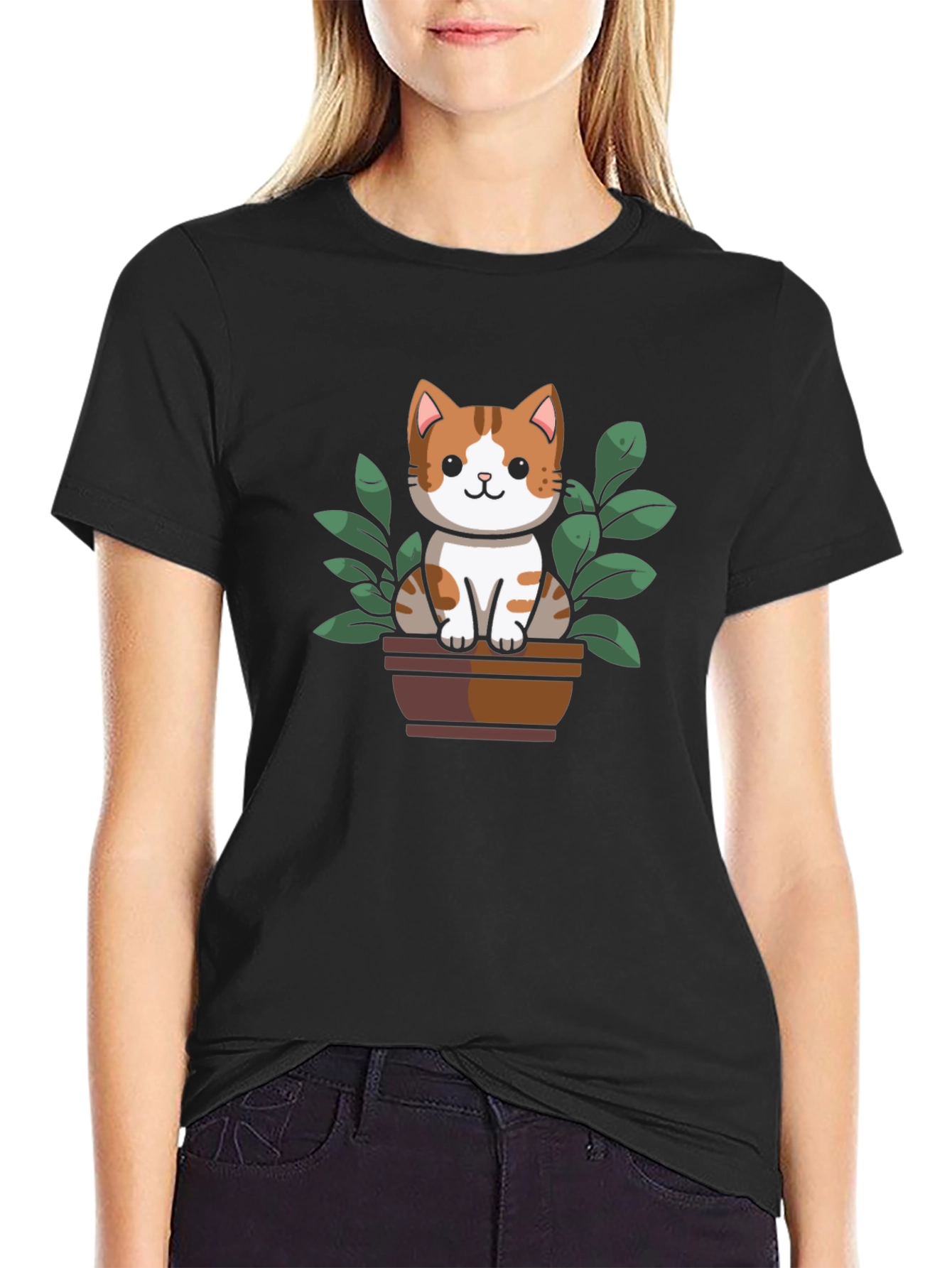 Cute Cat Plant Pot Graphic Tee