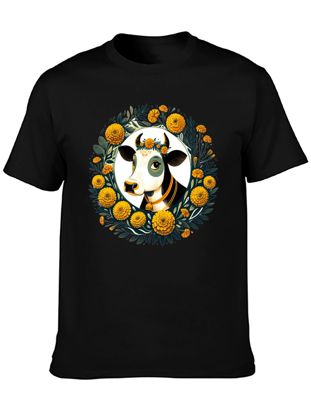 Floral Cow Graphic Tee - Black Unisex T-Shirt