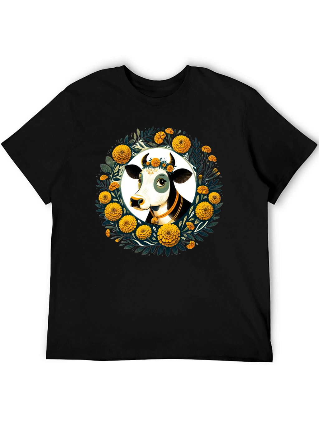 Floral Cow Graphic Tee - Black Unisex T-Shirt