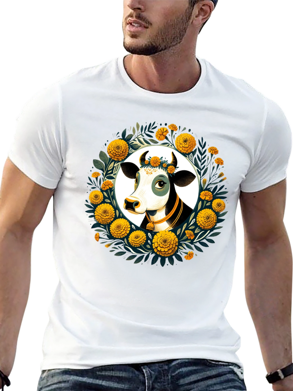 Floral Cow Graphic Tee - Black Unisex T-Shirt