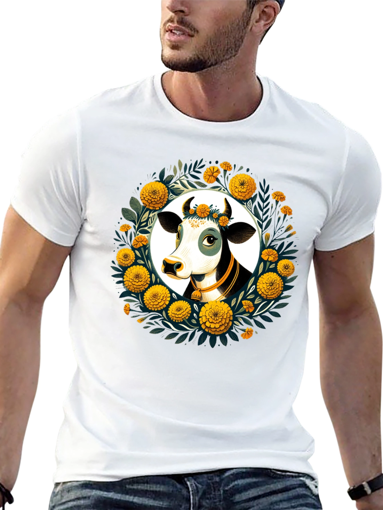 Floral Cow Graphic Tee - Black Unisex T-Shirt