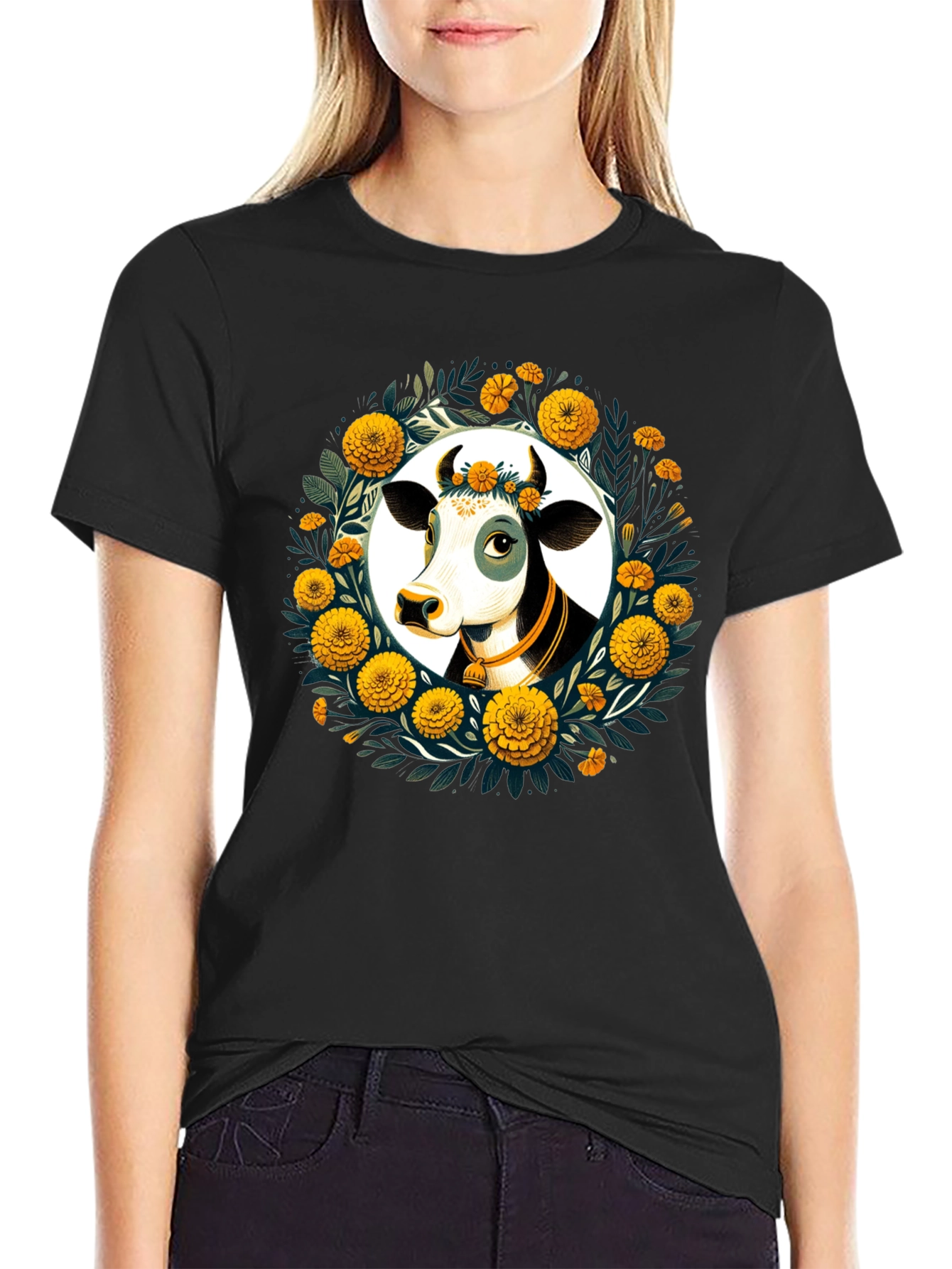 Floral Cow Graphic Tee - Black Unisex T-Shirt
