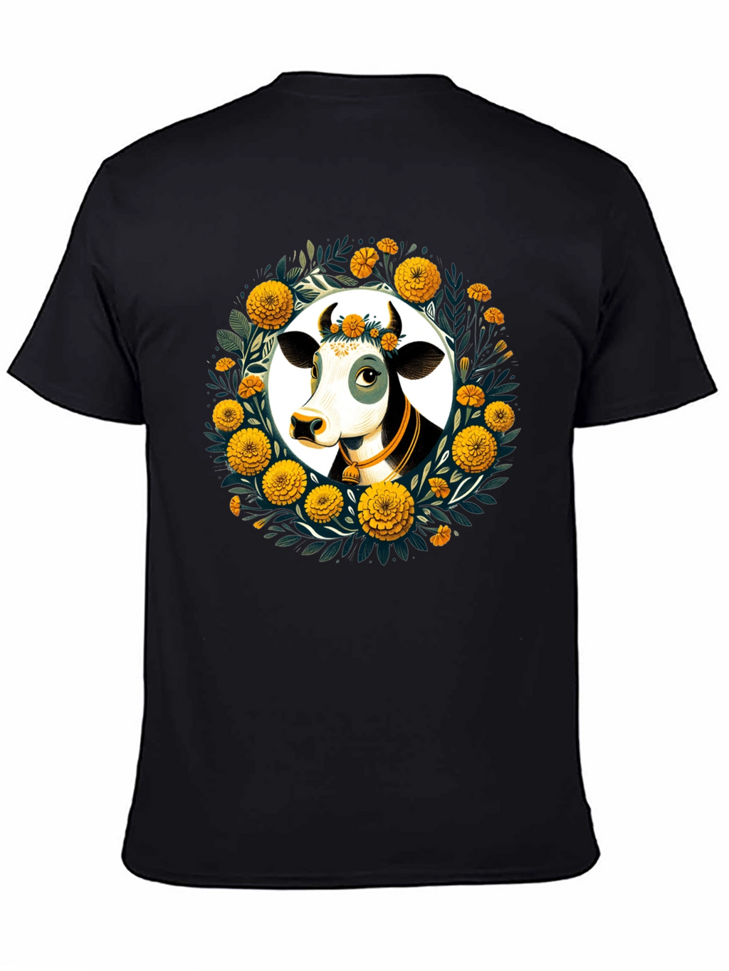 Floral Cow Graphic Tee - Black Unisex T-Shirt