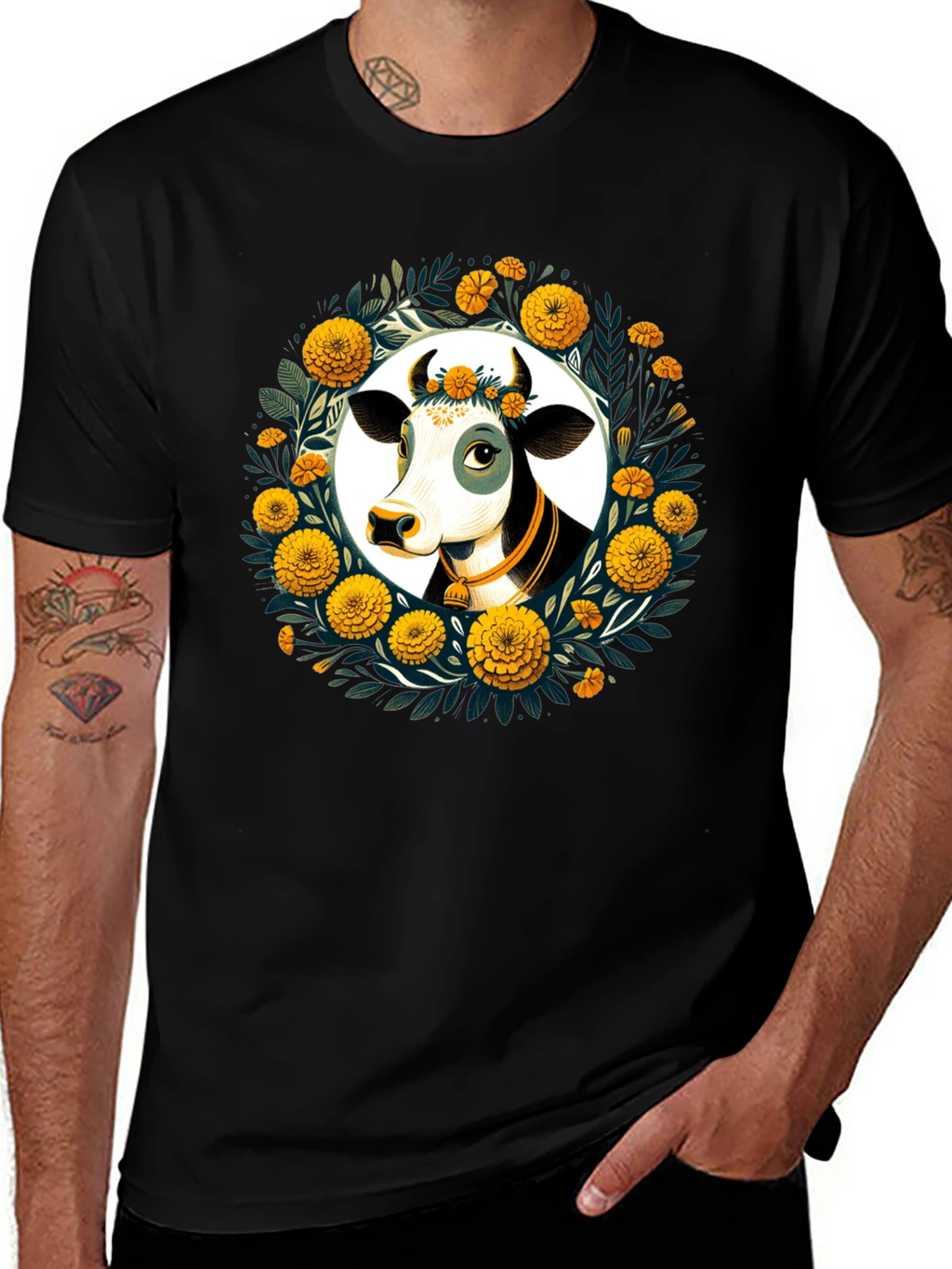 Floral Cow Graphic Tee - Black Unisex T-Shirt