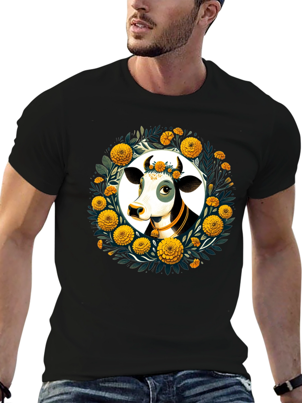 Floral Cow Graphic Tee - Black Unisex T-Shirt