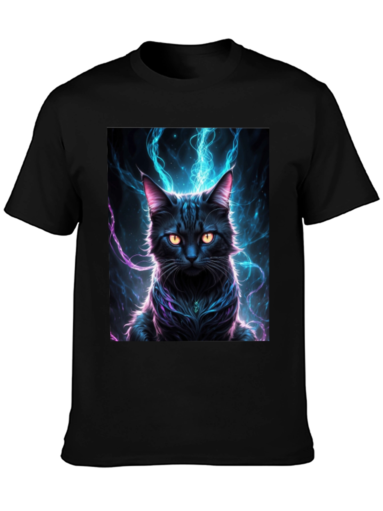 Mystic Feline T-Shirt: Black Cat with Electric Aura Design