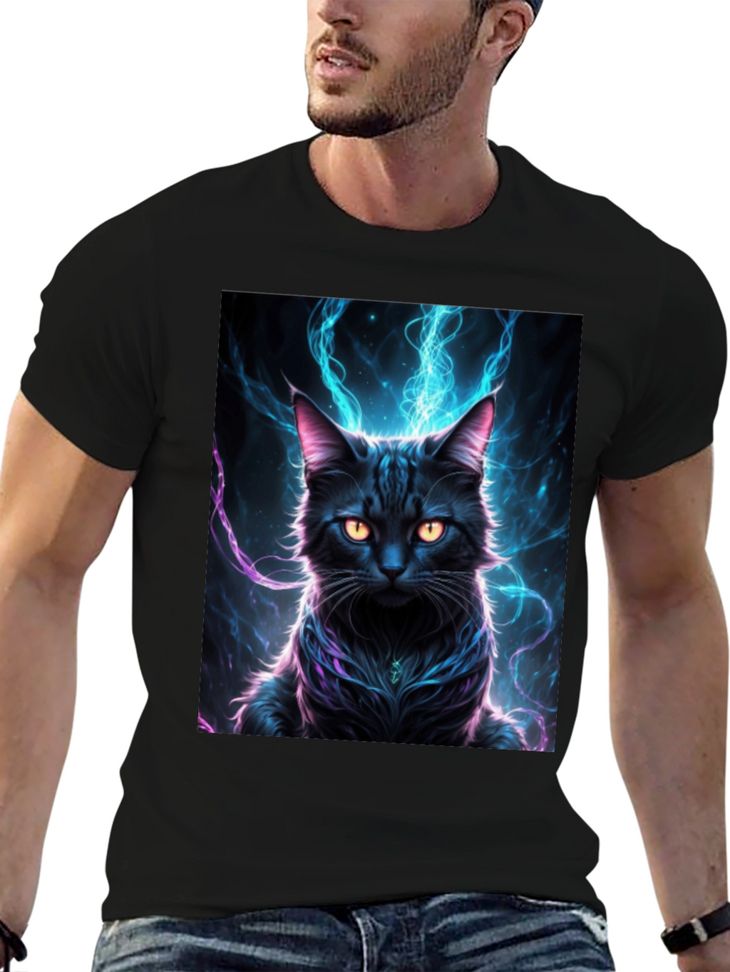 Mystic Feline T-Shirt: Black Cat with Electric Aura Design