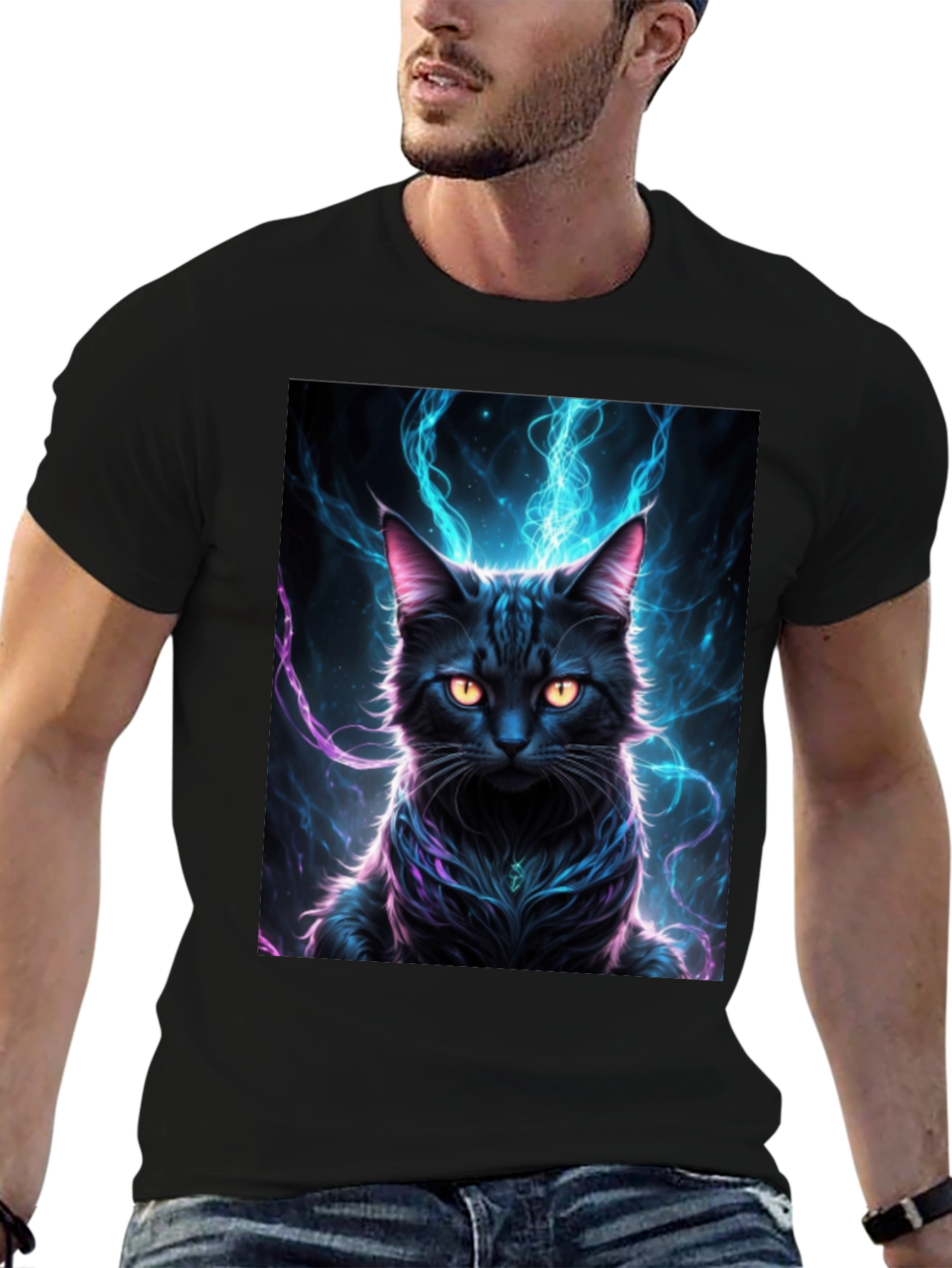 Mystic Feline T-Shirt: Black Cat with Electric Aura Design