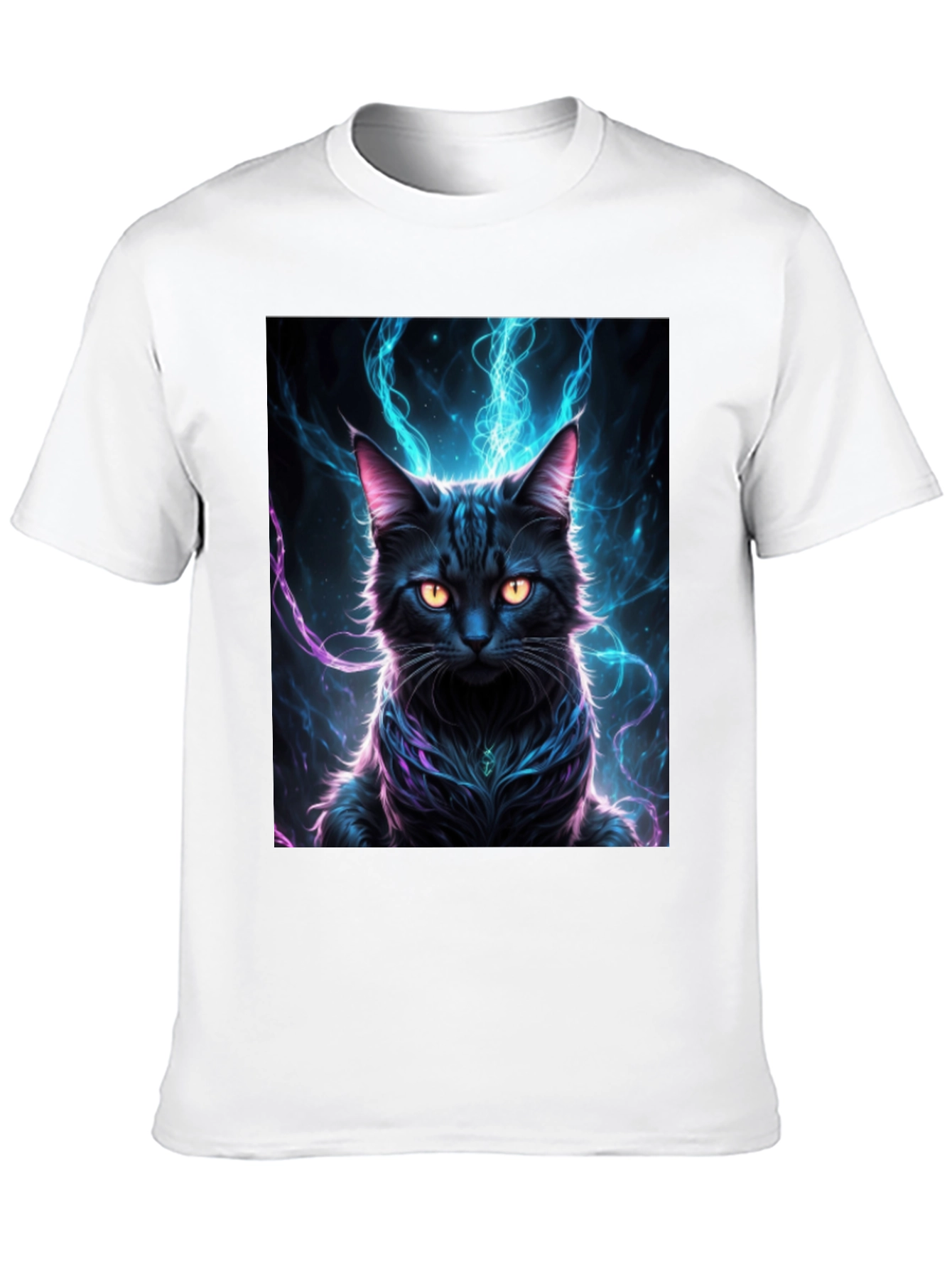 Mystic Feline T-Shirt: Black Cat with Electric Aura Design