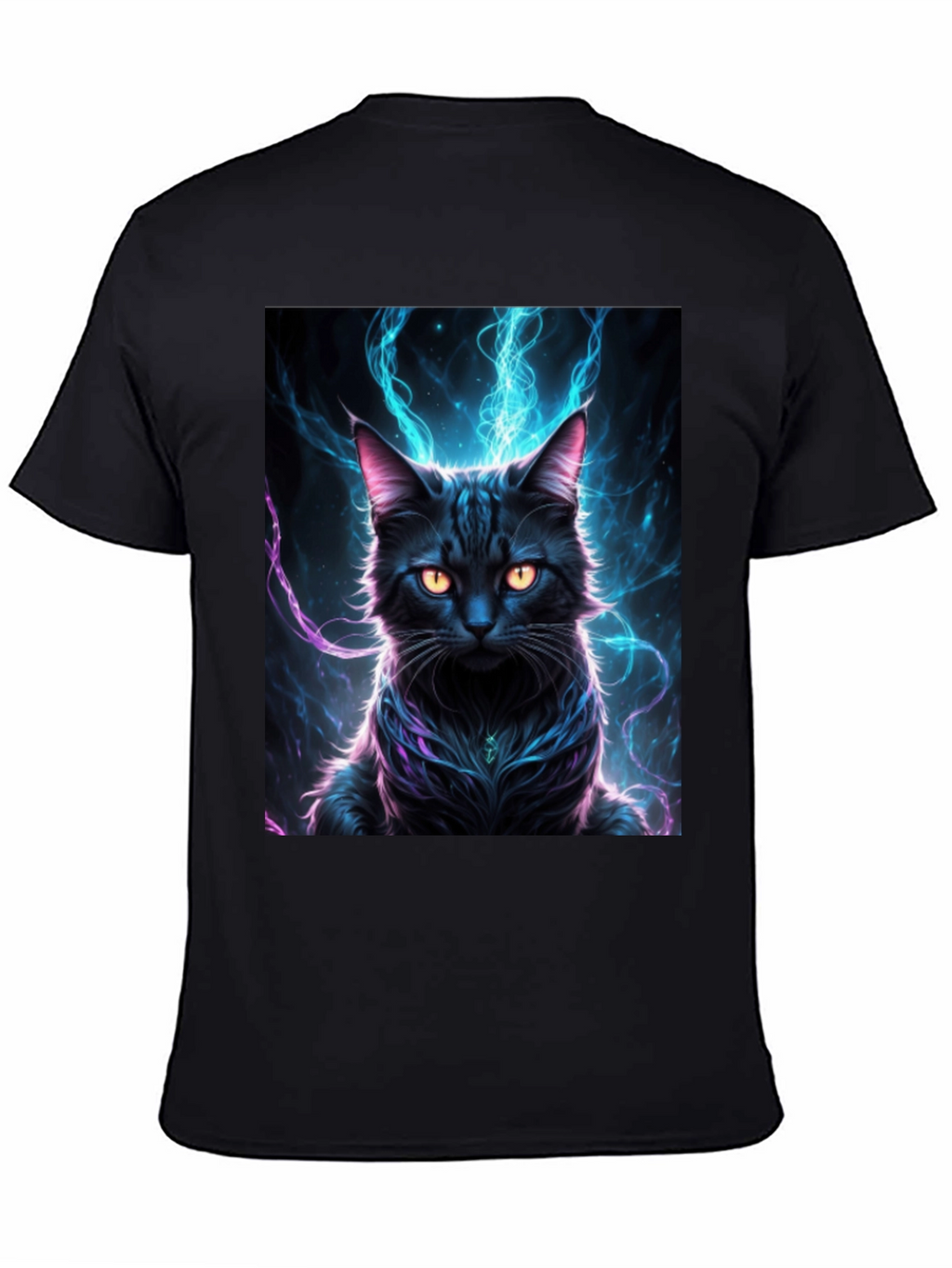 Mystic Feline T-Shirt: Black Cat with Electric Aura Design