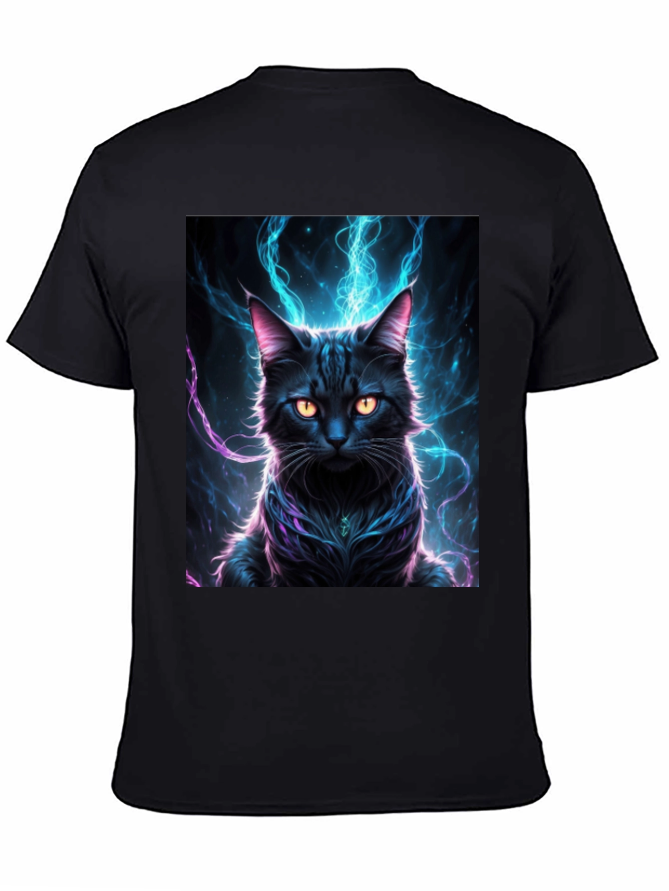Mystic Feline T-Shirt: Black Cat with Electric Aura Design