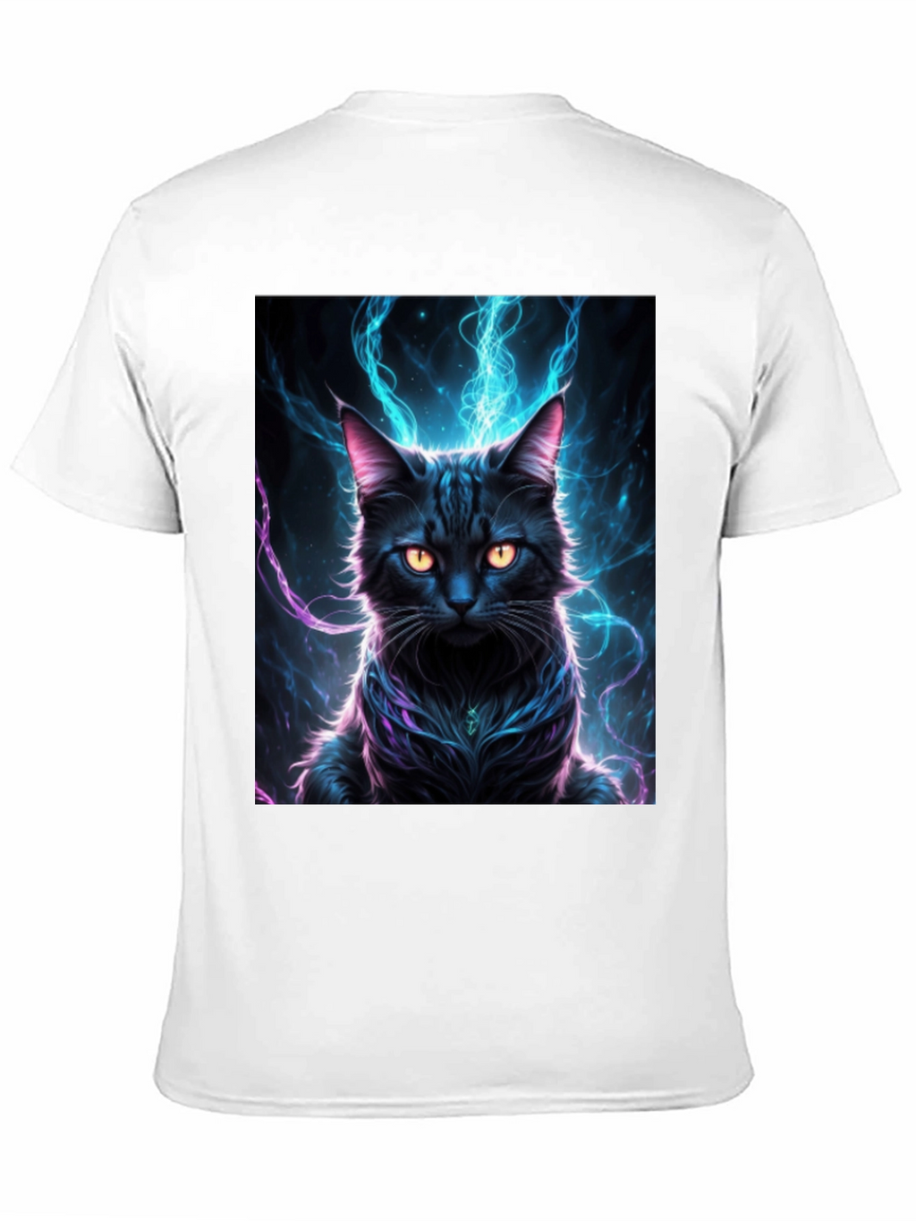 Mystic Feline T-Shirt: Black Cat with Electric Aura Design