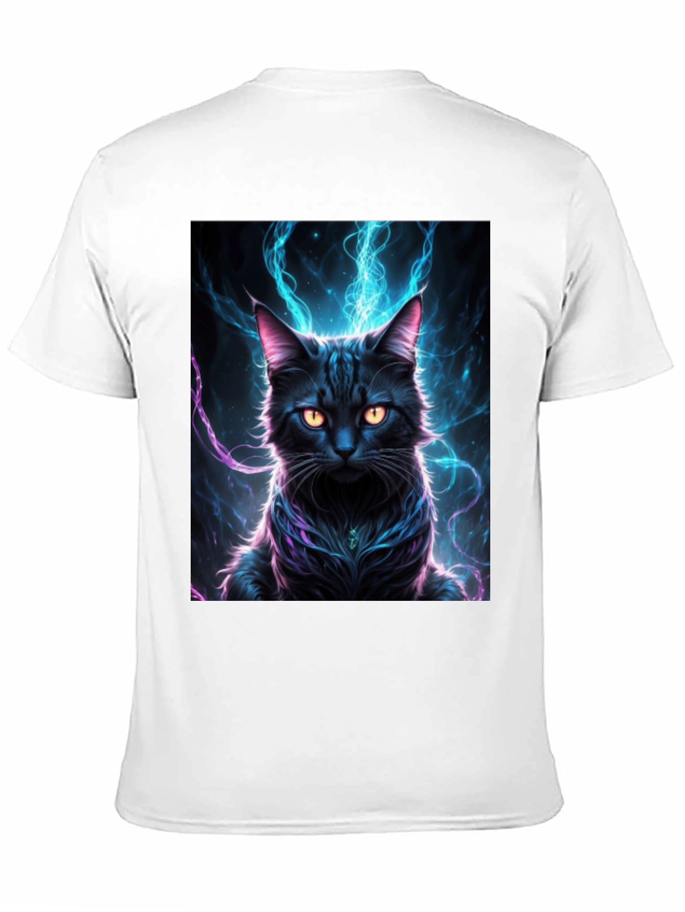 Mystic Feline T-Shirt: Black Cat with Electric Aura Design