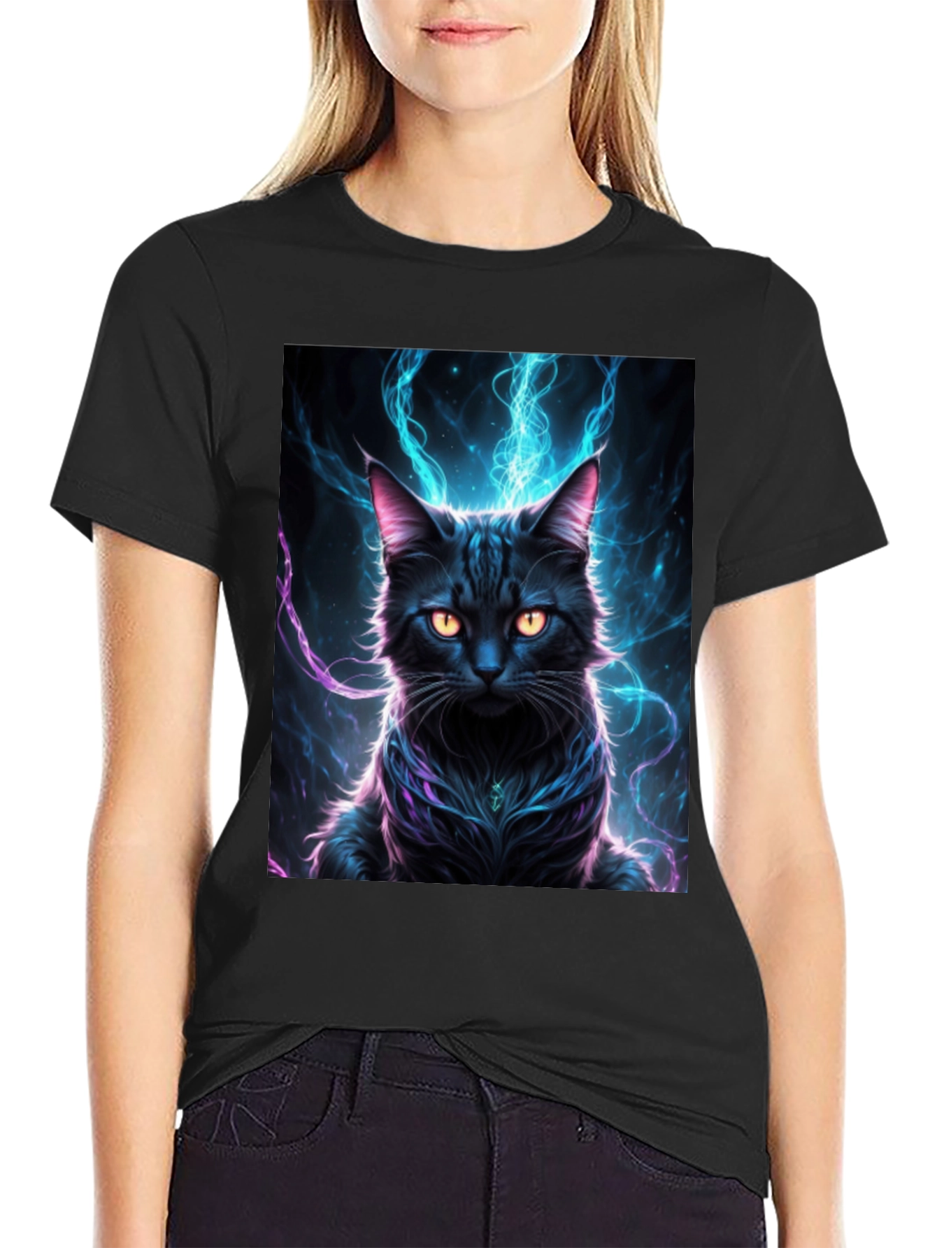 Mystic Feline T-Shirt: Black Cat with Electric Aura Design