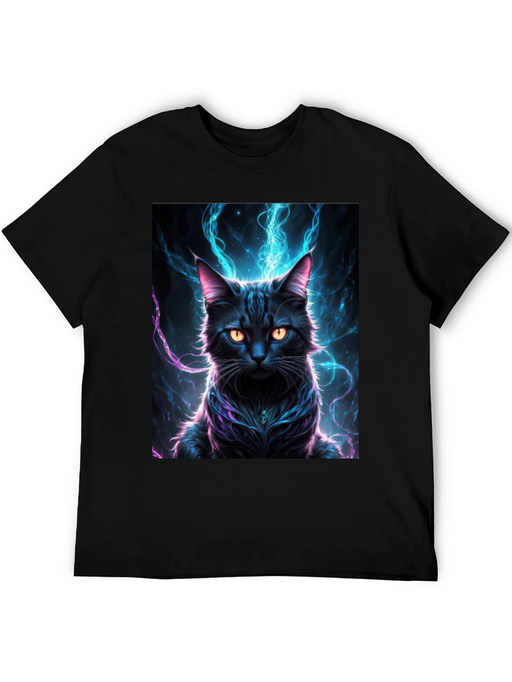 Mystic Feline T-Shirt: Black Cat with Electric Aura Design