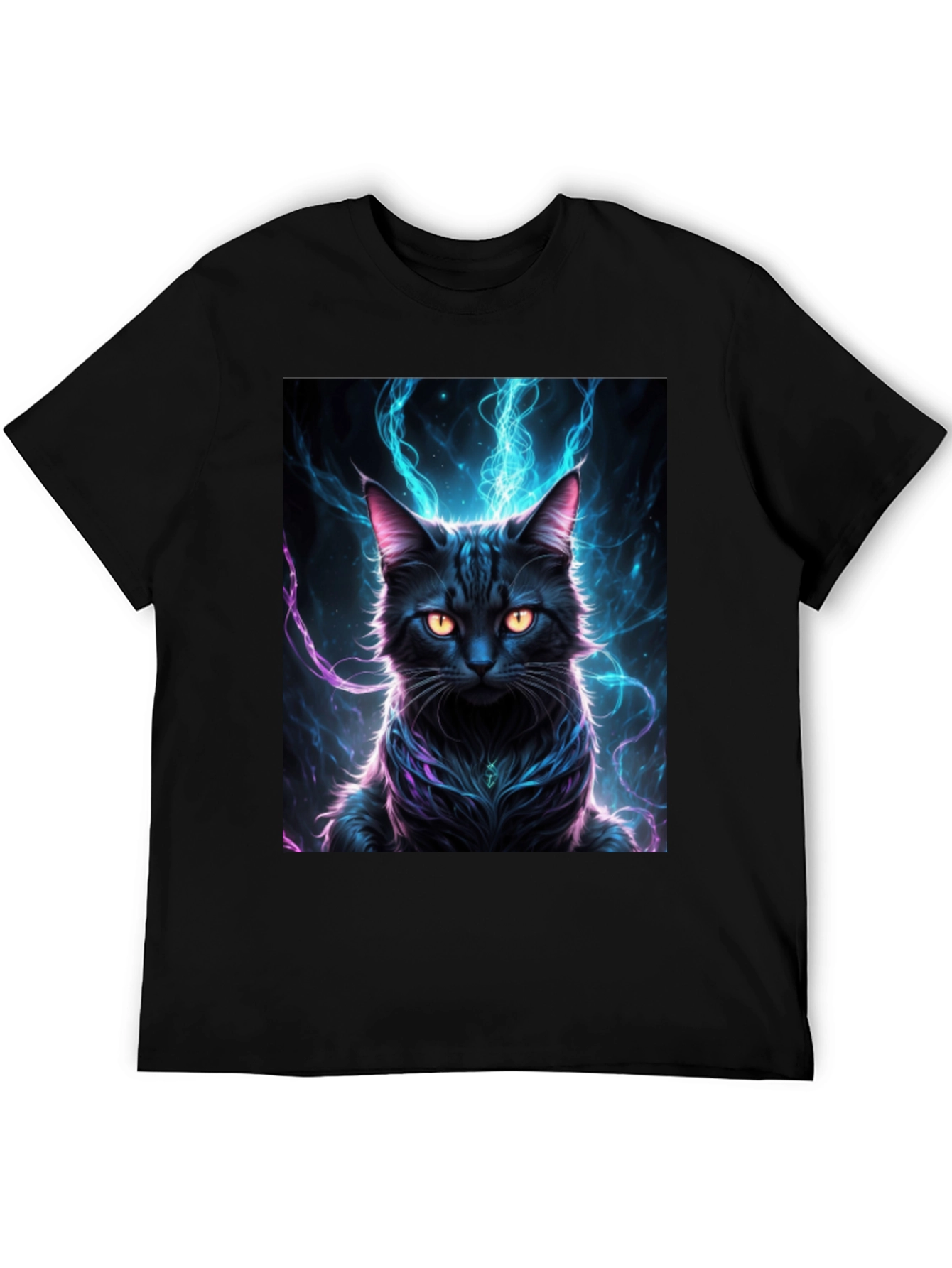 Mystic Feline T-Shirt: Black Cat with Electric Aura Design