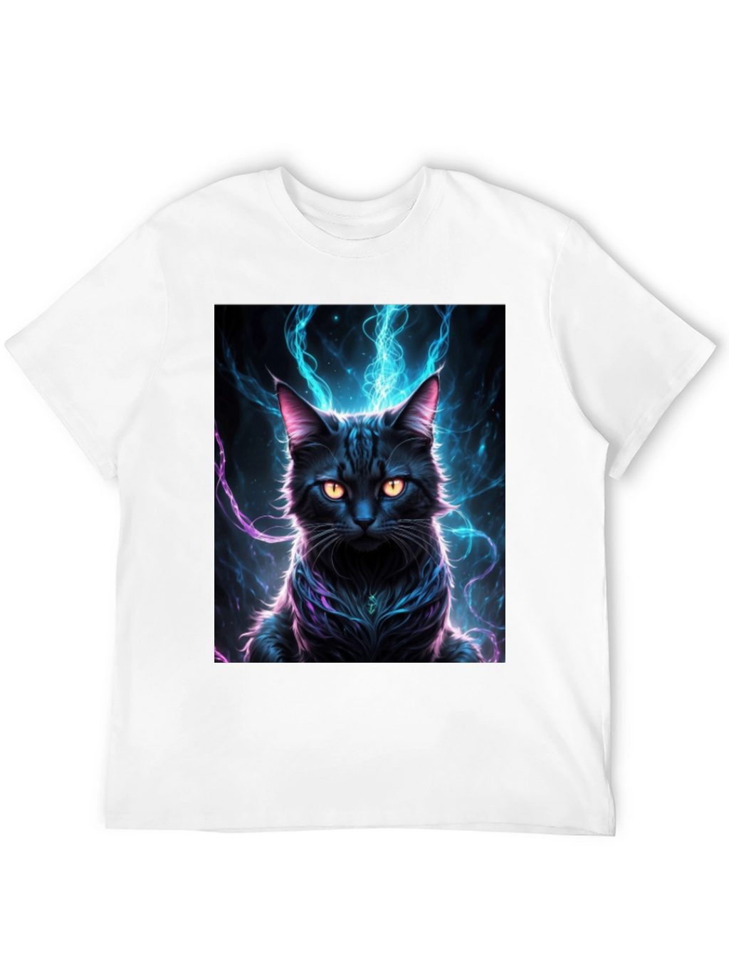 Mystic Feline T-Shirt: Black Cat with Electric Aura Design