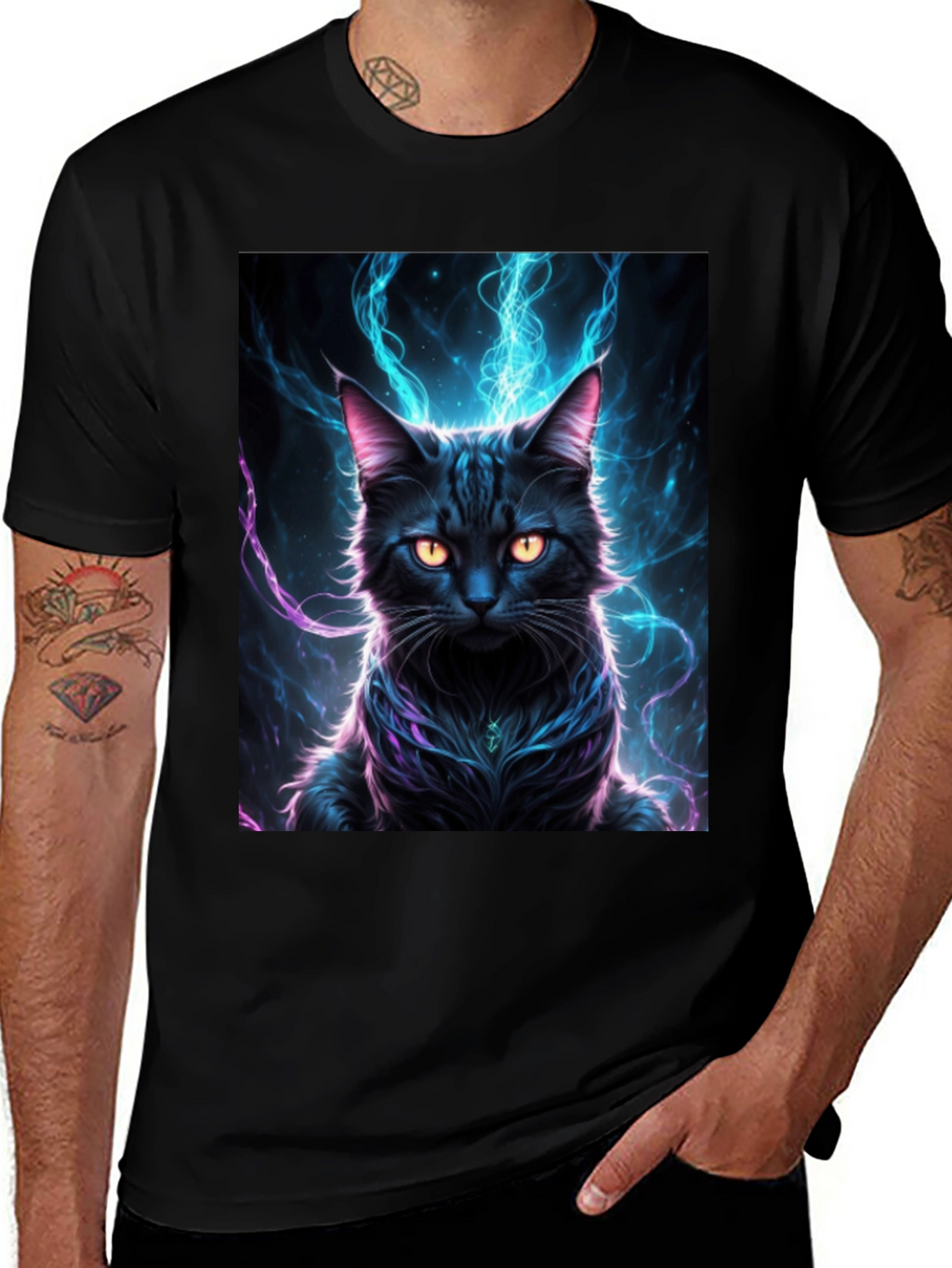 Mystic Feline T-Shirt: Black Cat with Electric Aura Design