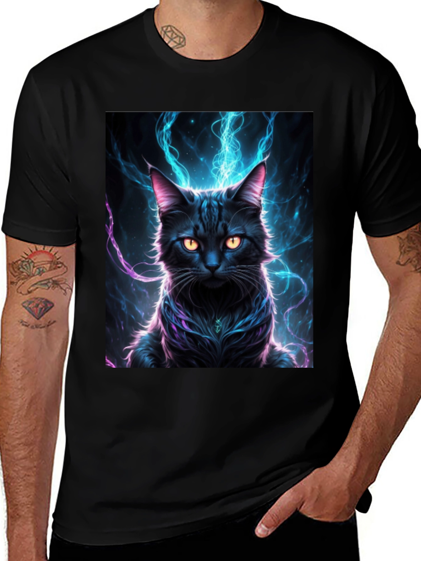 Mystic Feline T-Shirt: Black Cat with Electric Aura Design