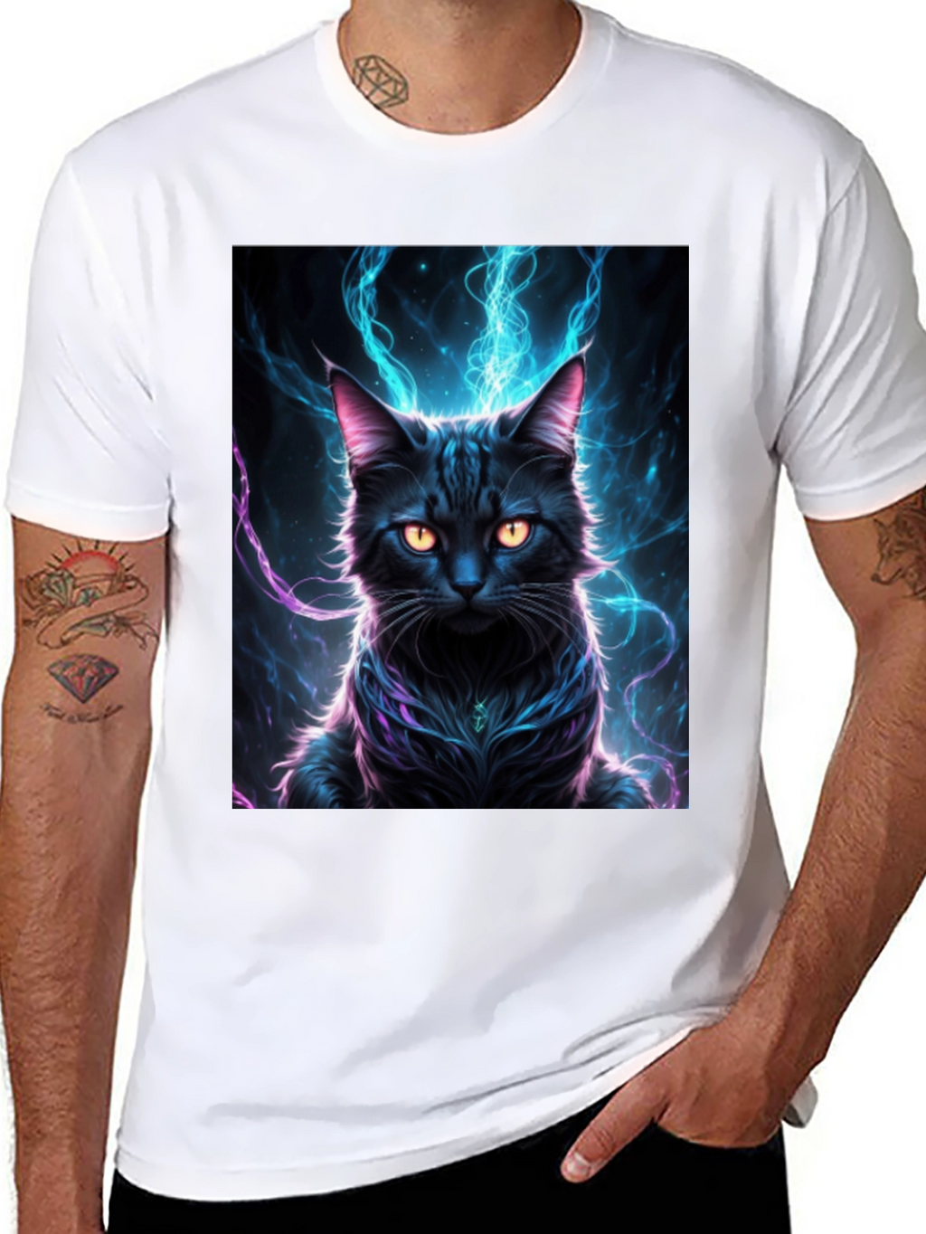 Mystic Feline T-Shirt: Black Cat with Electric Aura Design