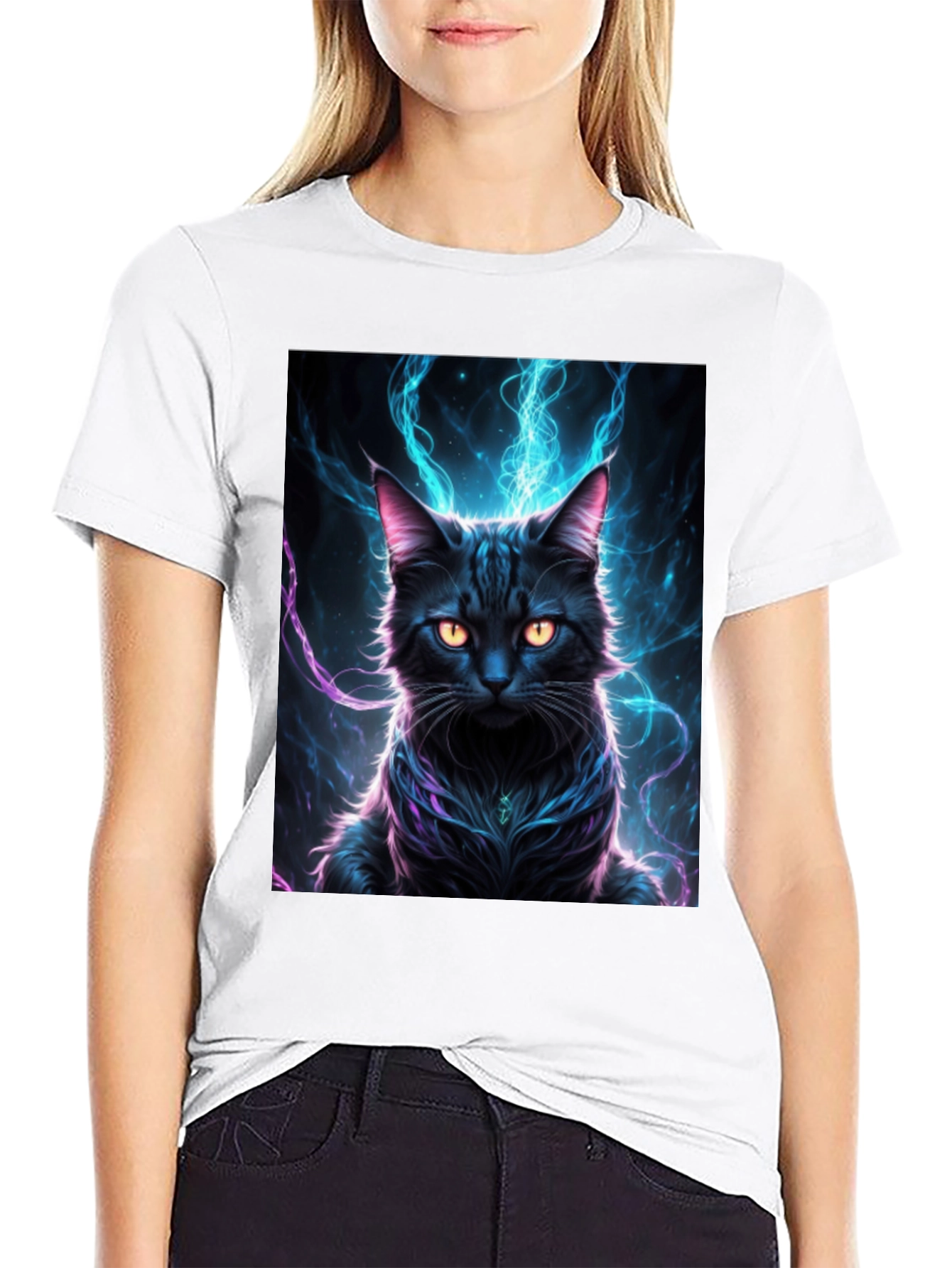 Mystic Feline T-Shirt: Black Cat with Electric Aura Design