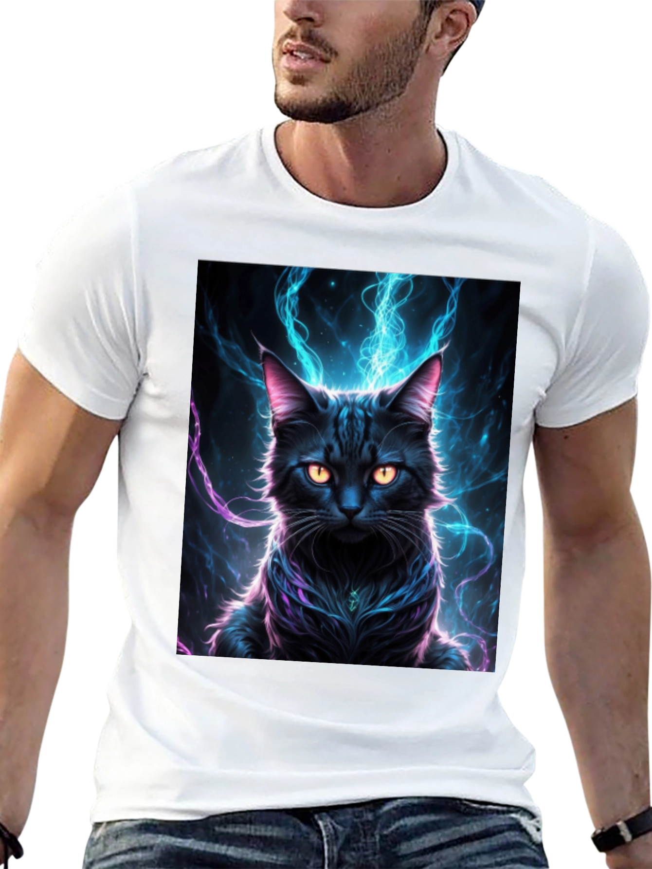 Mystic Feline T-Shirt: Black Cat with Electric Aura Design