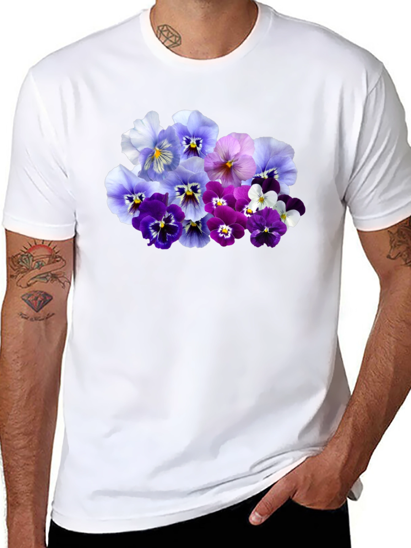 Floral Pansy Print Black T-Shirt