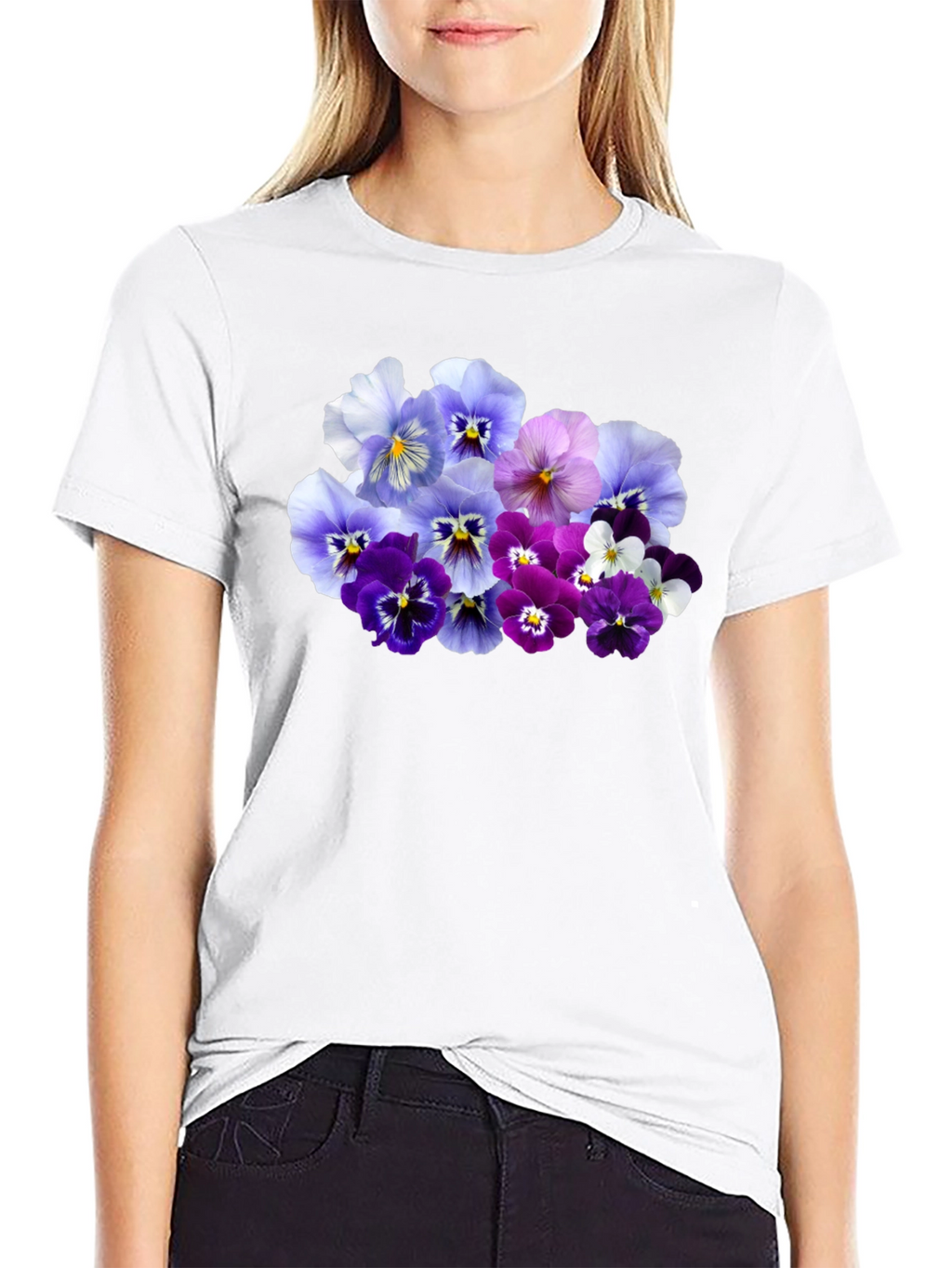 Floral Pansy Print Black T-Shirt