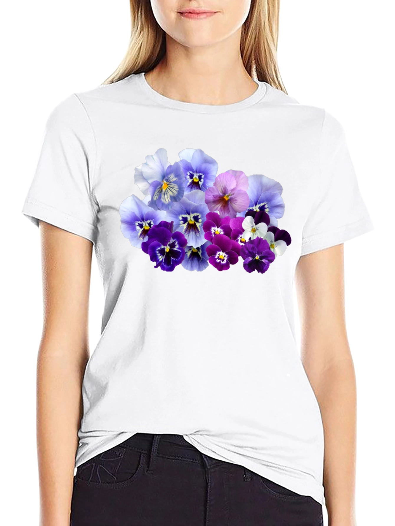 Floral Pansy Print Black T-Shirt