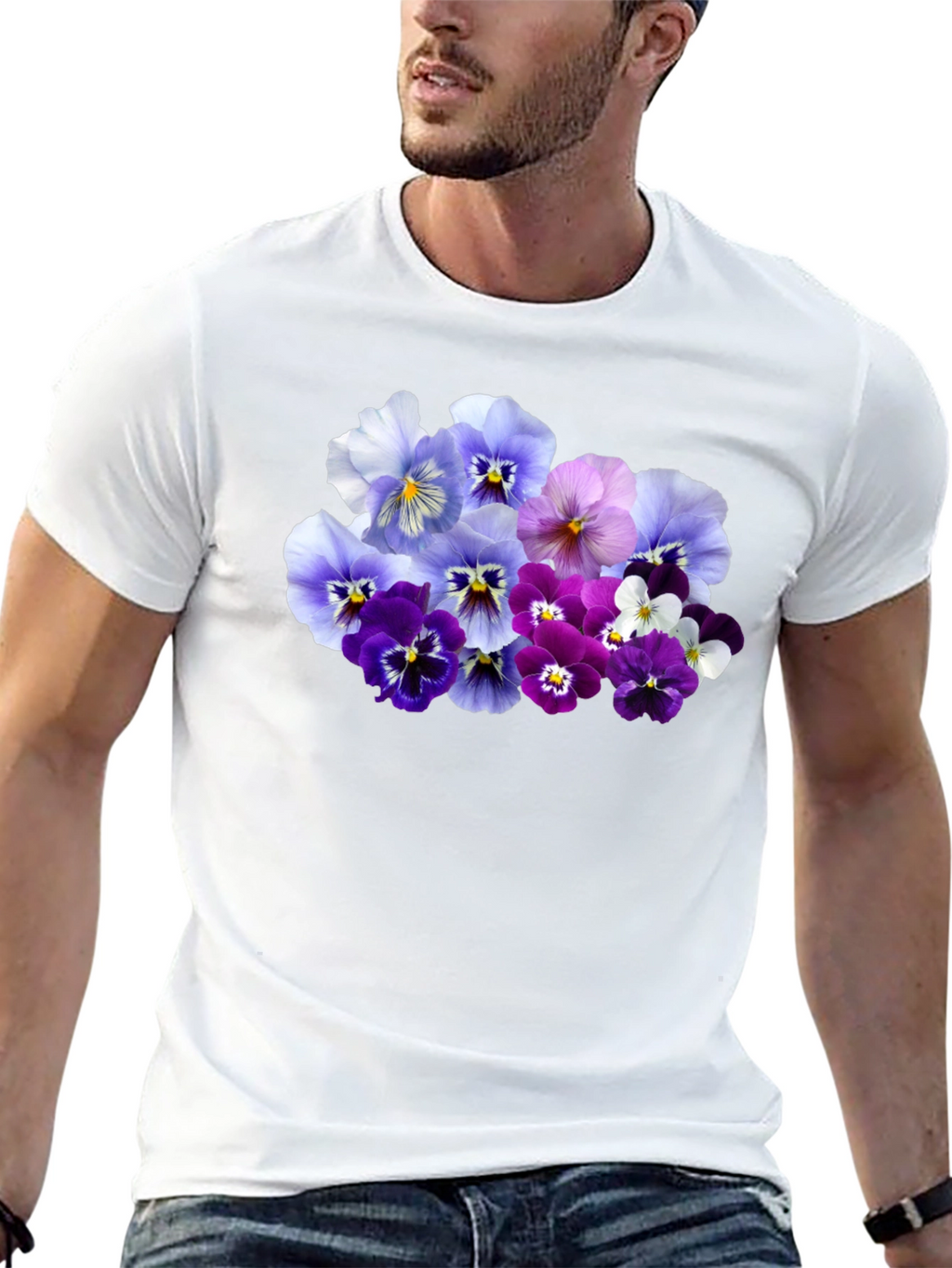Floral Pansy Print Black T-Shirt