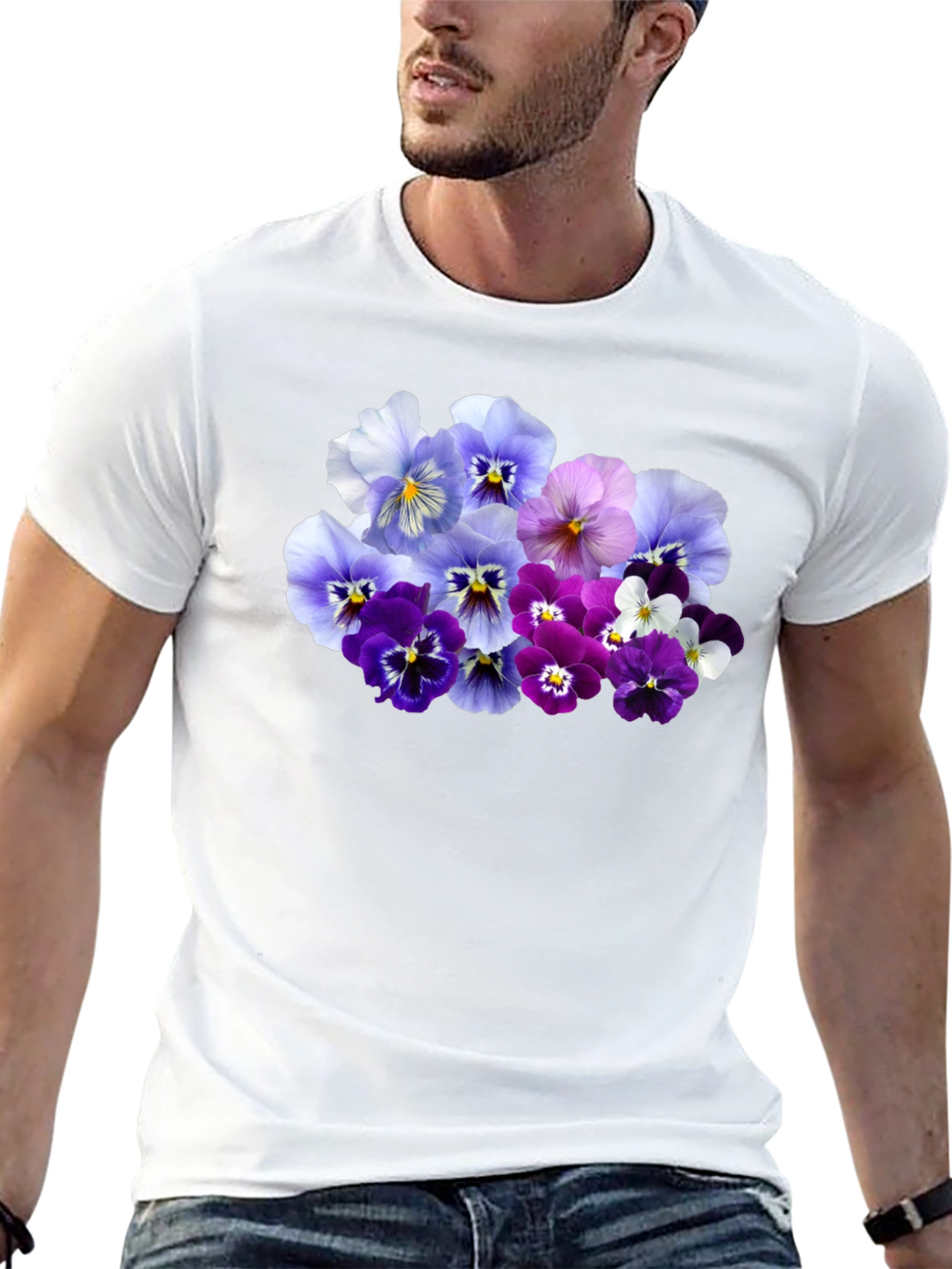Floral Pansy Print Black T-Shirt