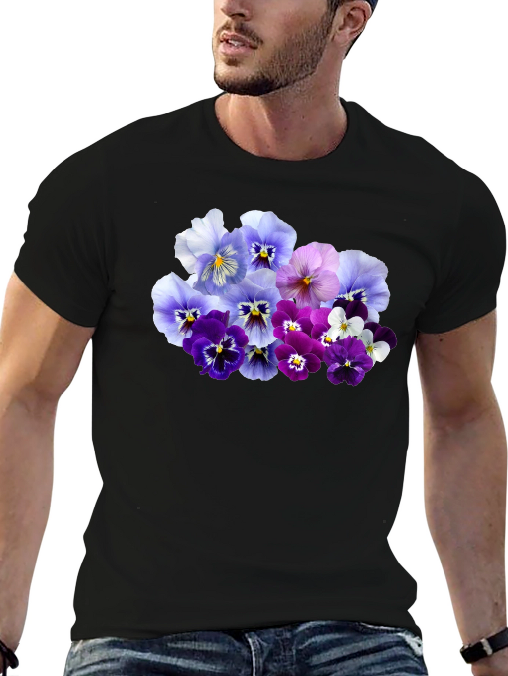 Floral Pansy Print Black T-Shirt