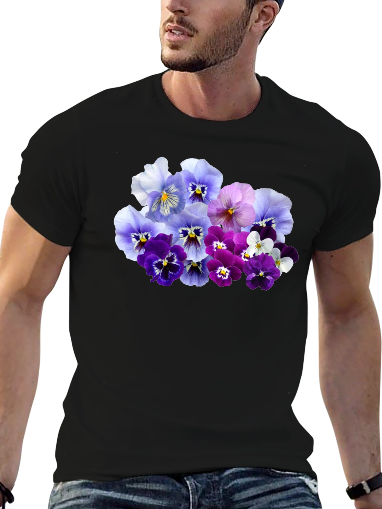 Floral Pansy Print Black T-Shirt