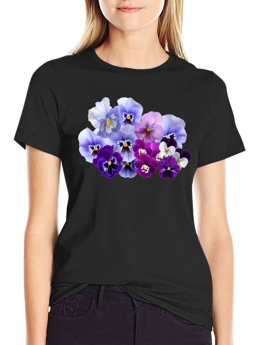 Floral Pansy Print Black T-Shirt