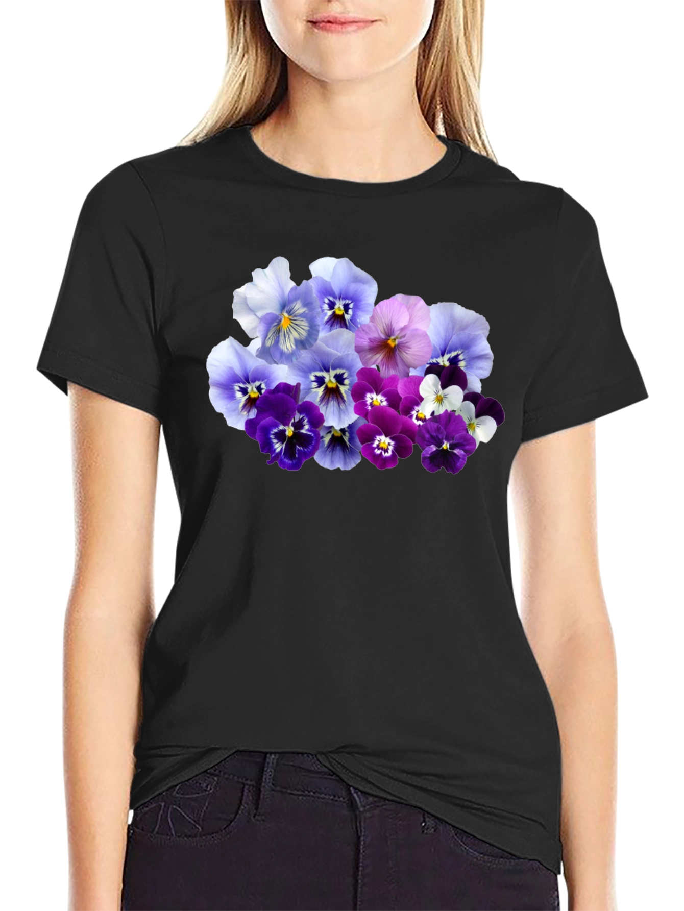 Floral Pansy Print Black T-Shirt