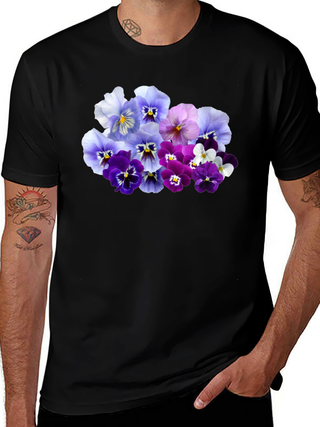 Floral Pansy Print Black T-Shirt