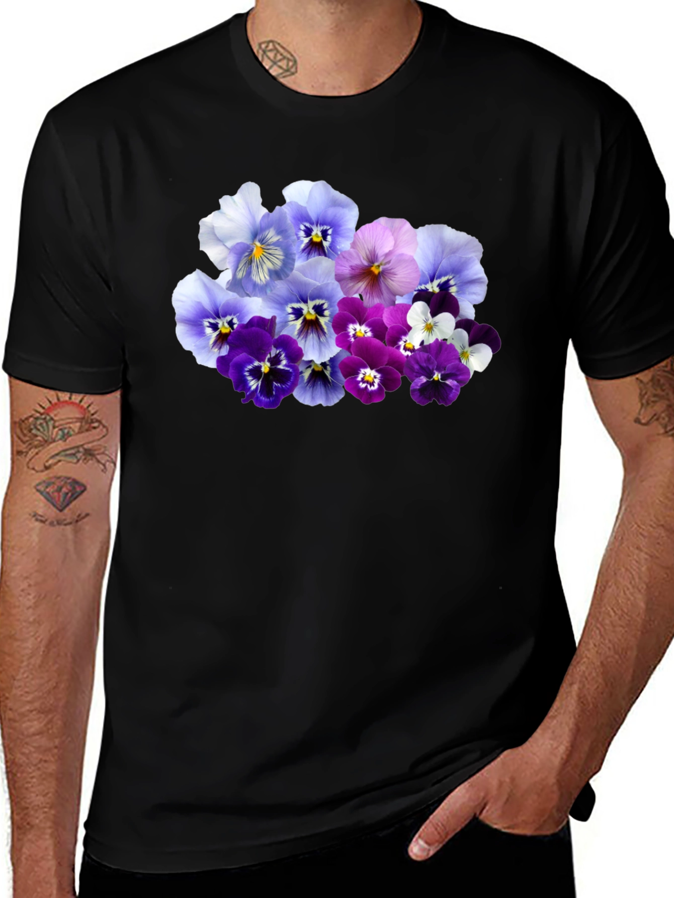 Floral Pansy Print Black T-Shirt