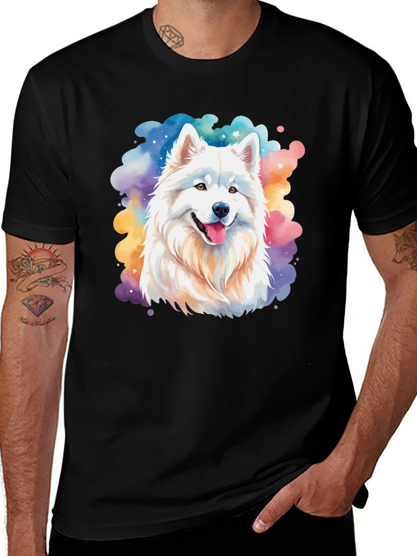 Watercolor Samoyed Dog Graphic Tee - Black Cotton