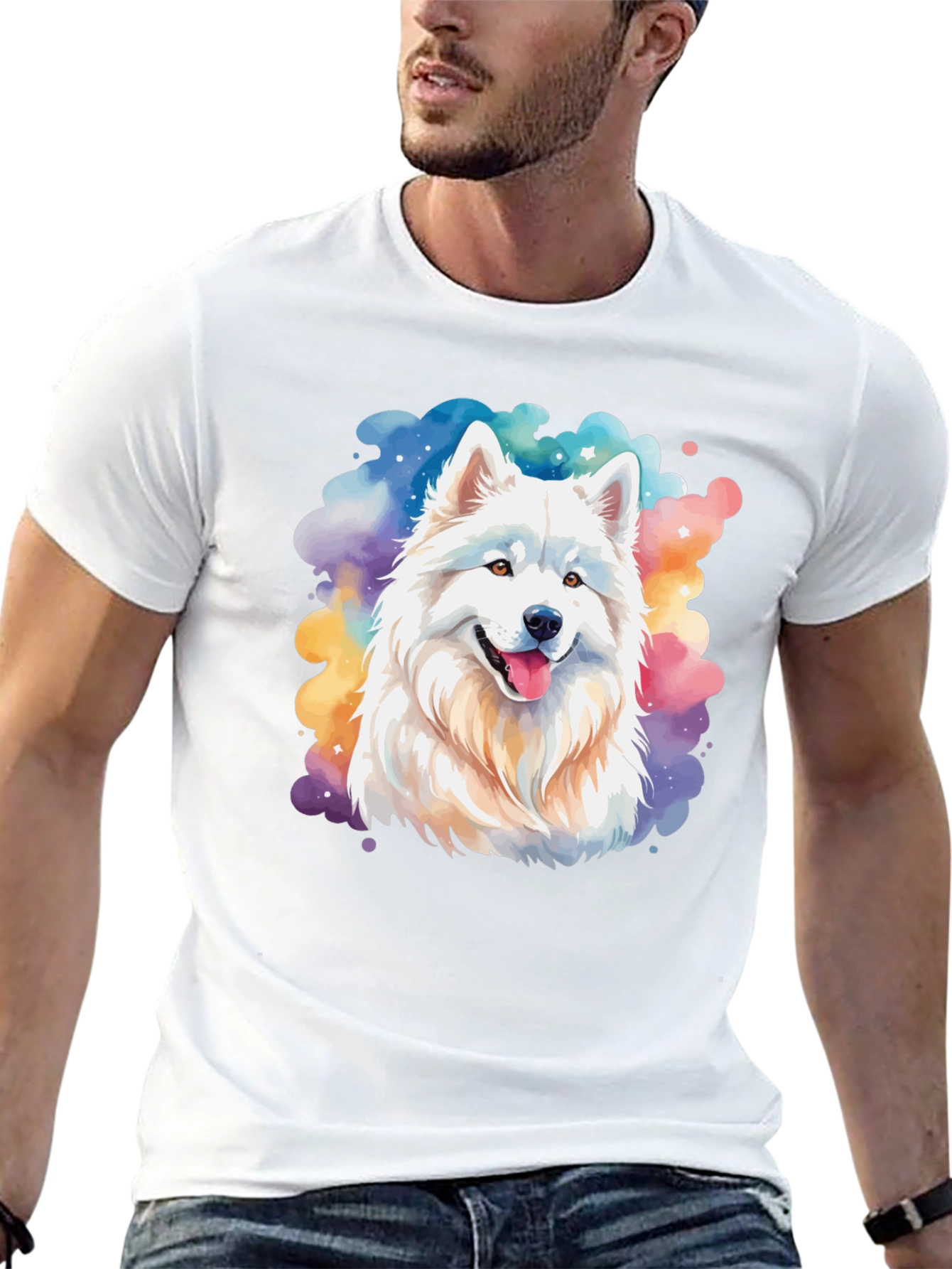 Watercolor Samoyed Dog Graphic Tee - Black Cotton