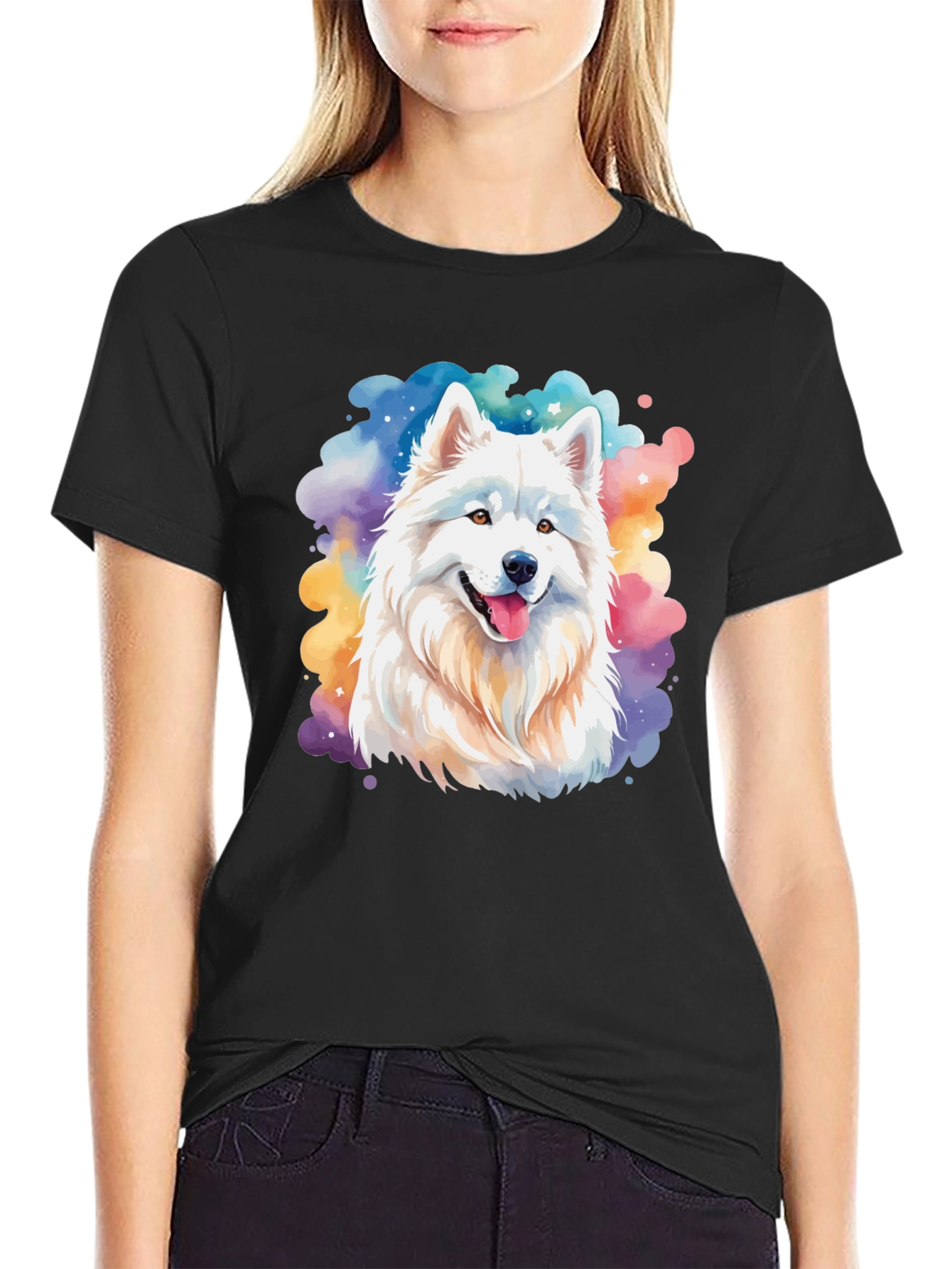 Watercolor Samoyed Dog Graphic Tee - Black Cotton