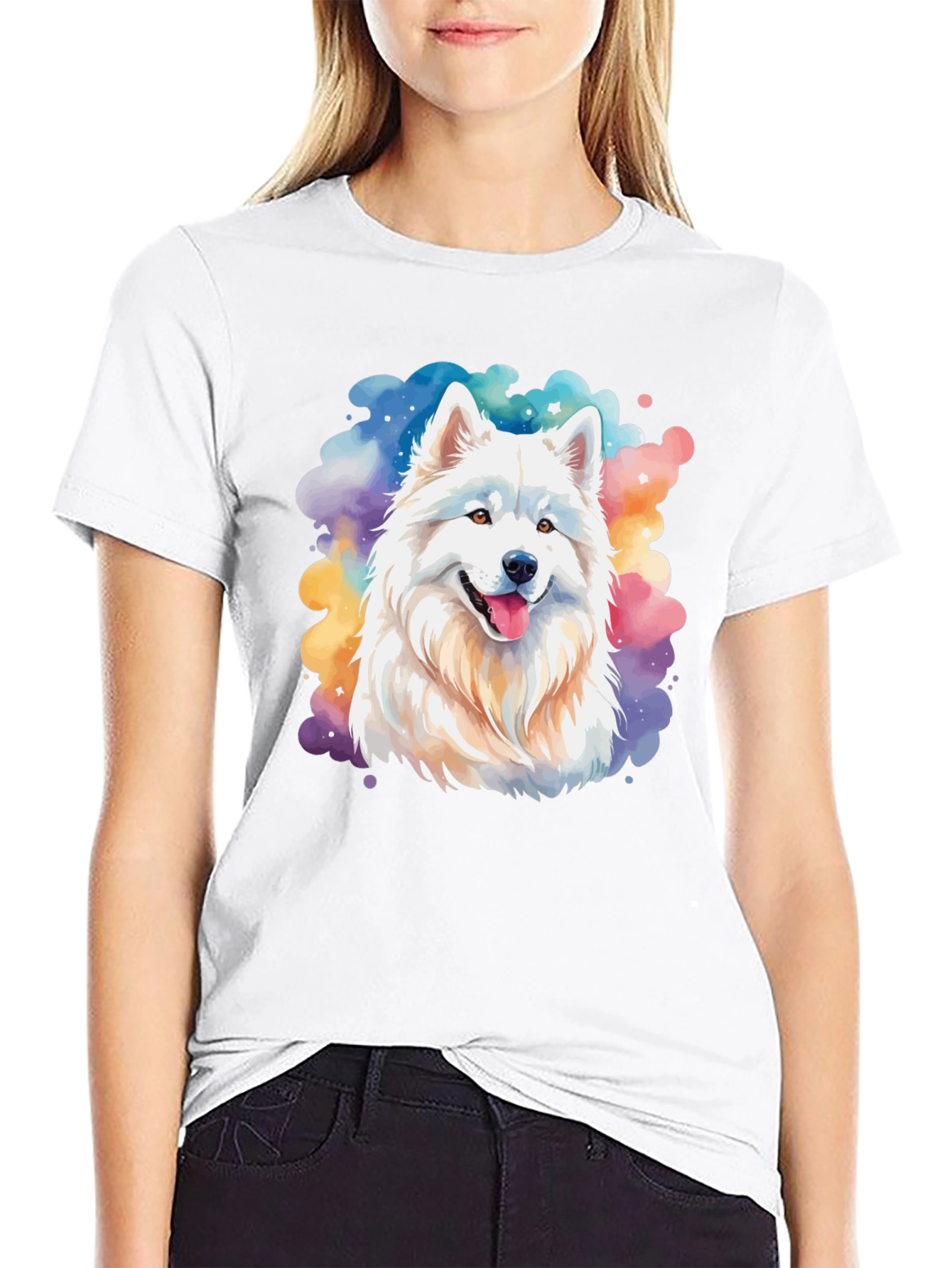 Watercolor Samoyed Dog Graphic Tee - Black Cotton