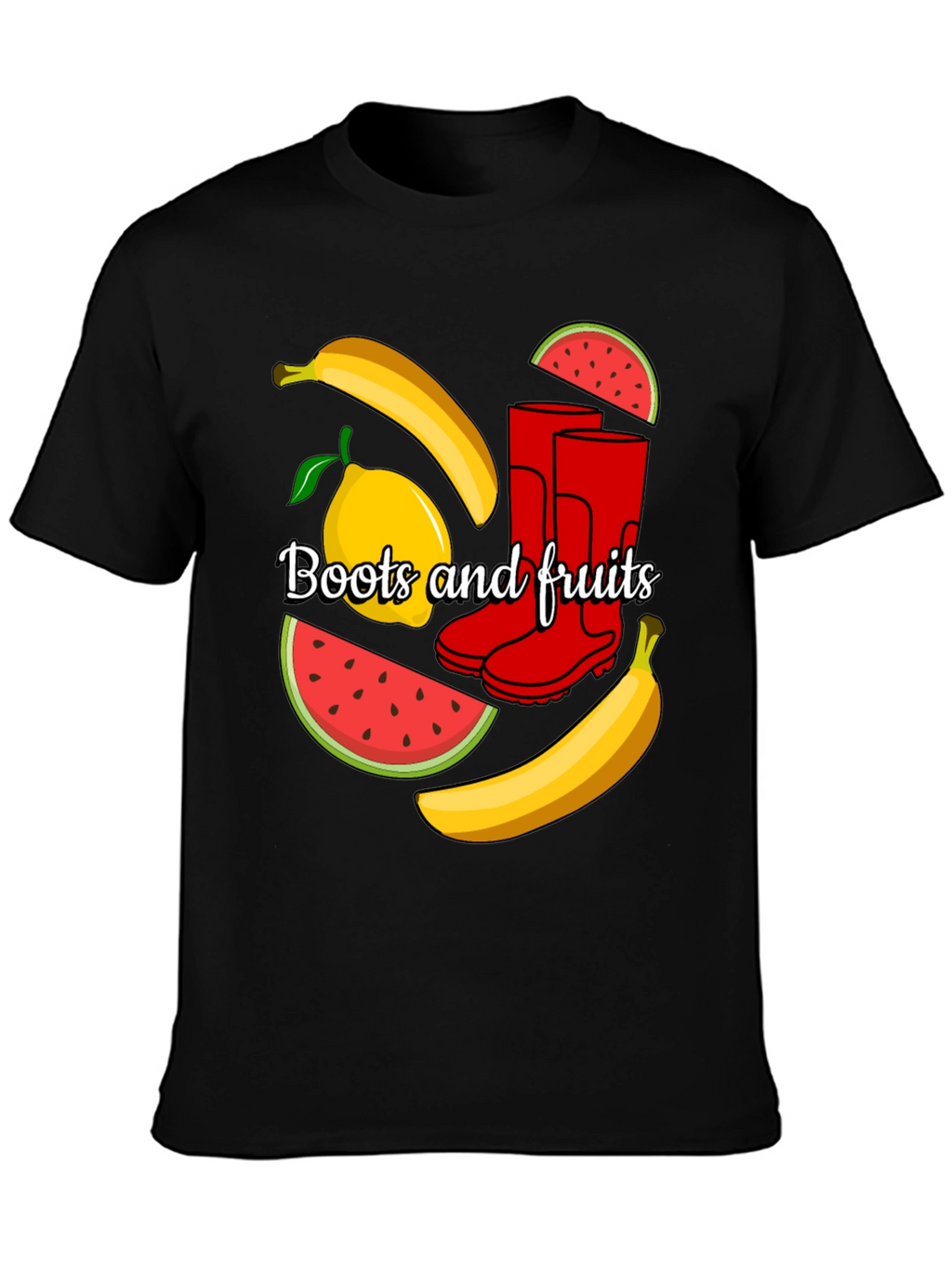 Funky Boots & Fruits Black Graphic Tee