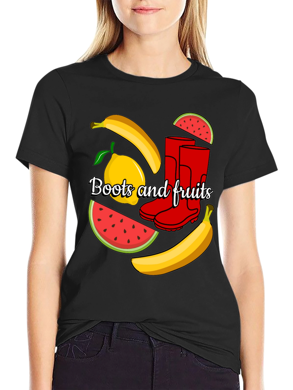 Funky Boots & Fruits Black Graphic Tee